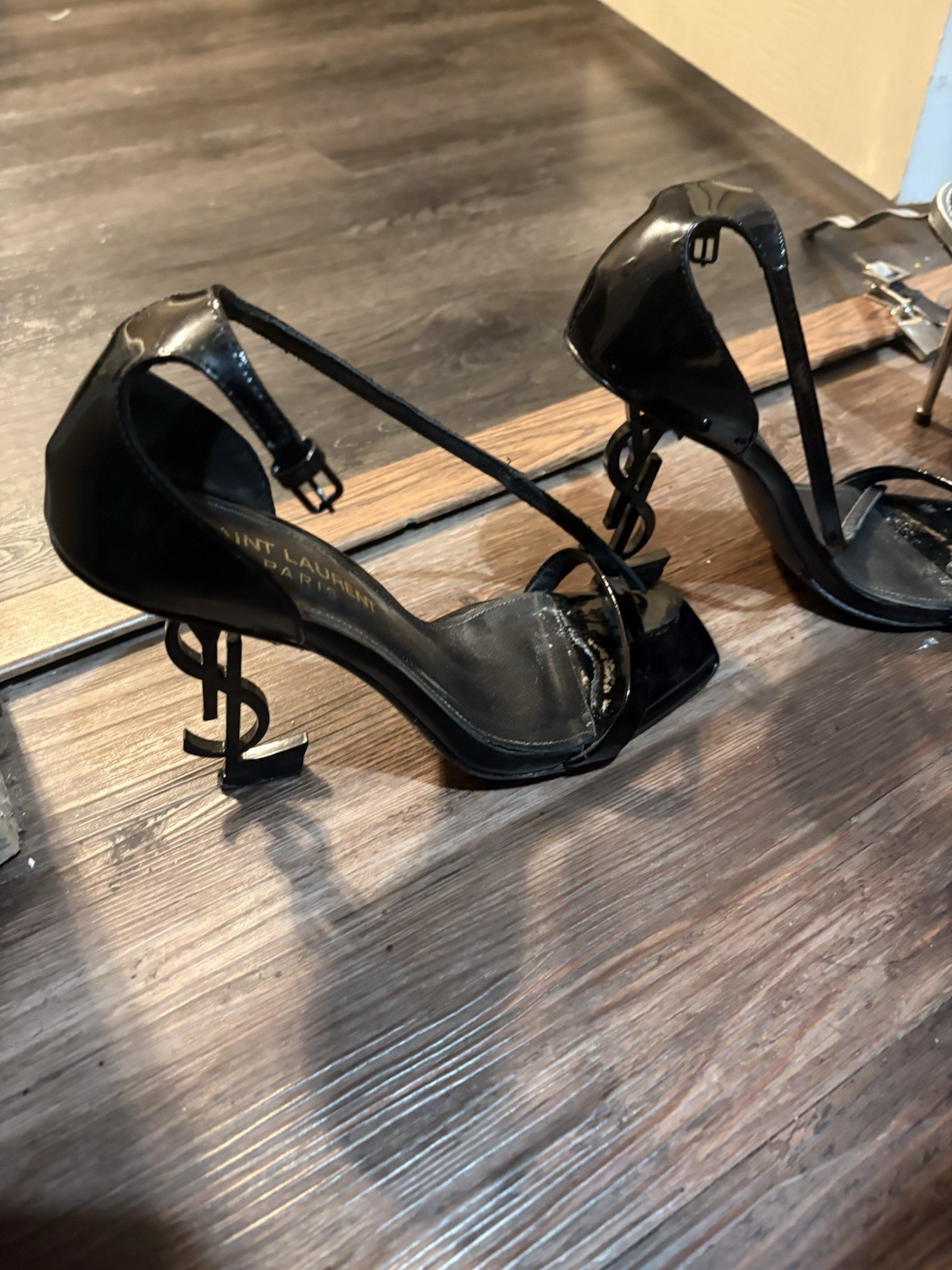 Saint Laurent Women’s Black Patent Leather Strappy Ankle Strap Logo Heels 7