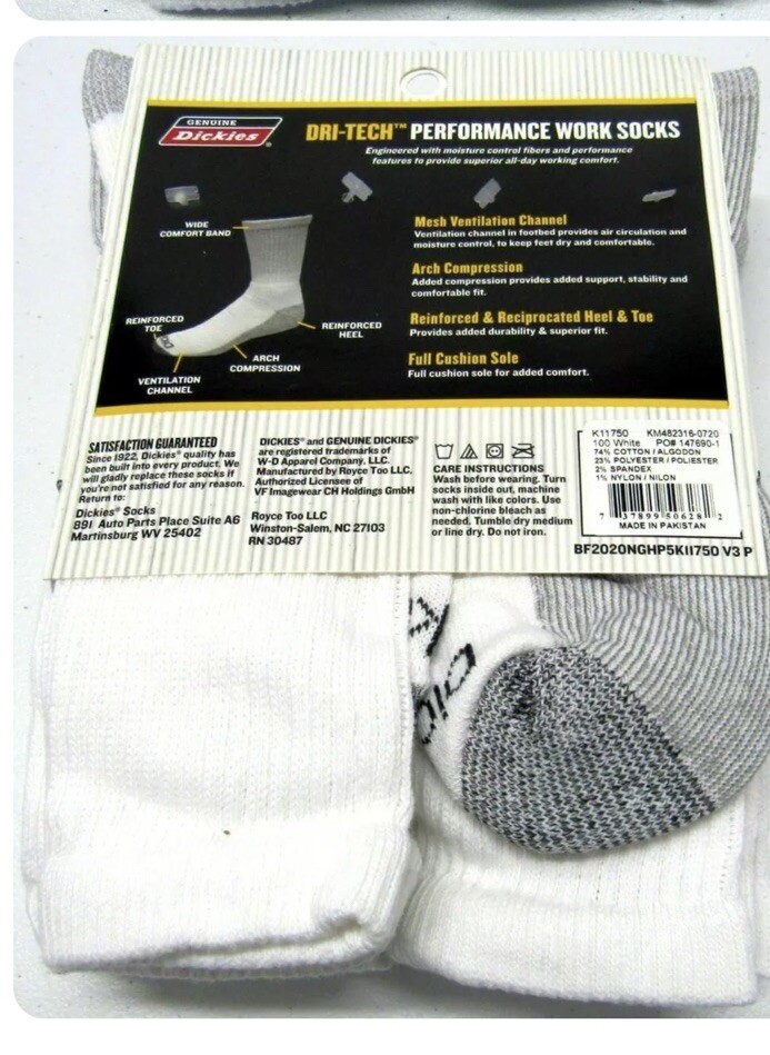 Dickies Performance Mens Work Socks White NEW Dri-Tech Crew 5 Pk 6-12