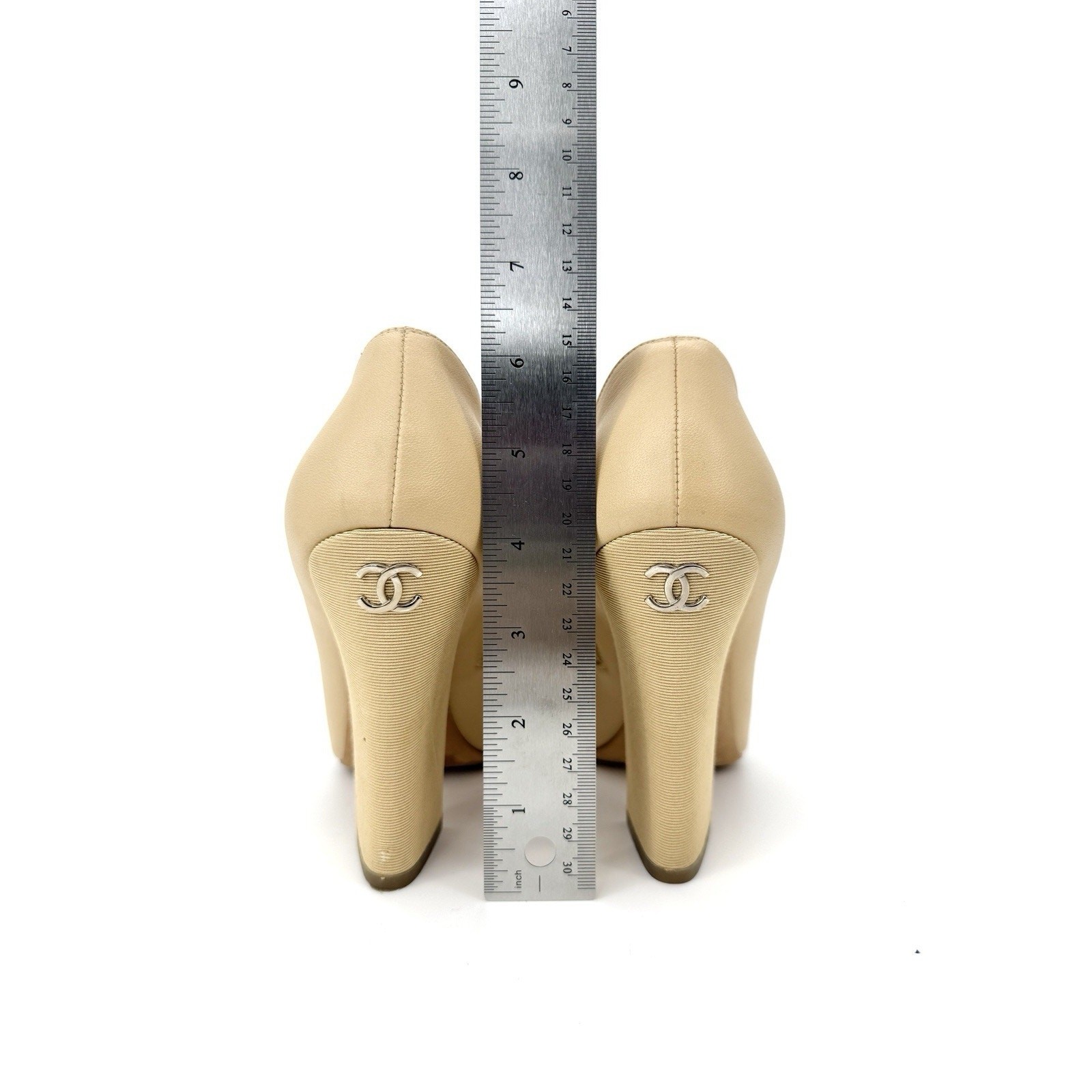Chanel Peep Toe Bootie EU 39 US 9 Beige Nude Leather with Faux Pearl Embellish