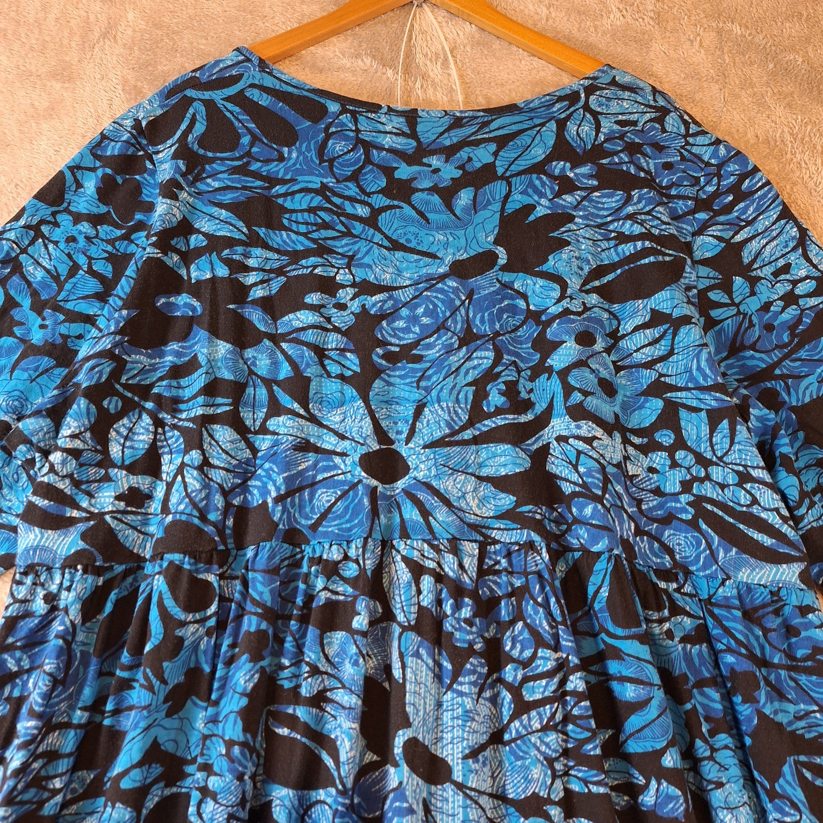Ulla Popken Knit Dress Womens 24 26 Blue 3/4 Sleeve Floral Cotton Midi House