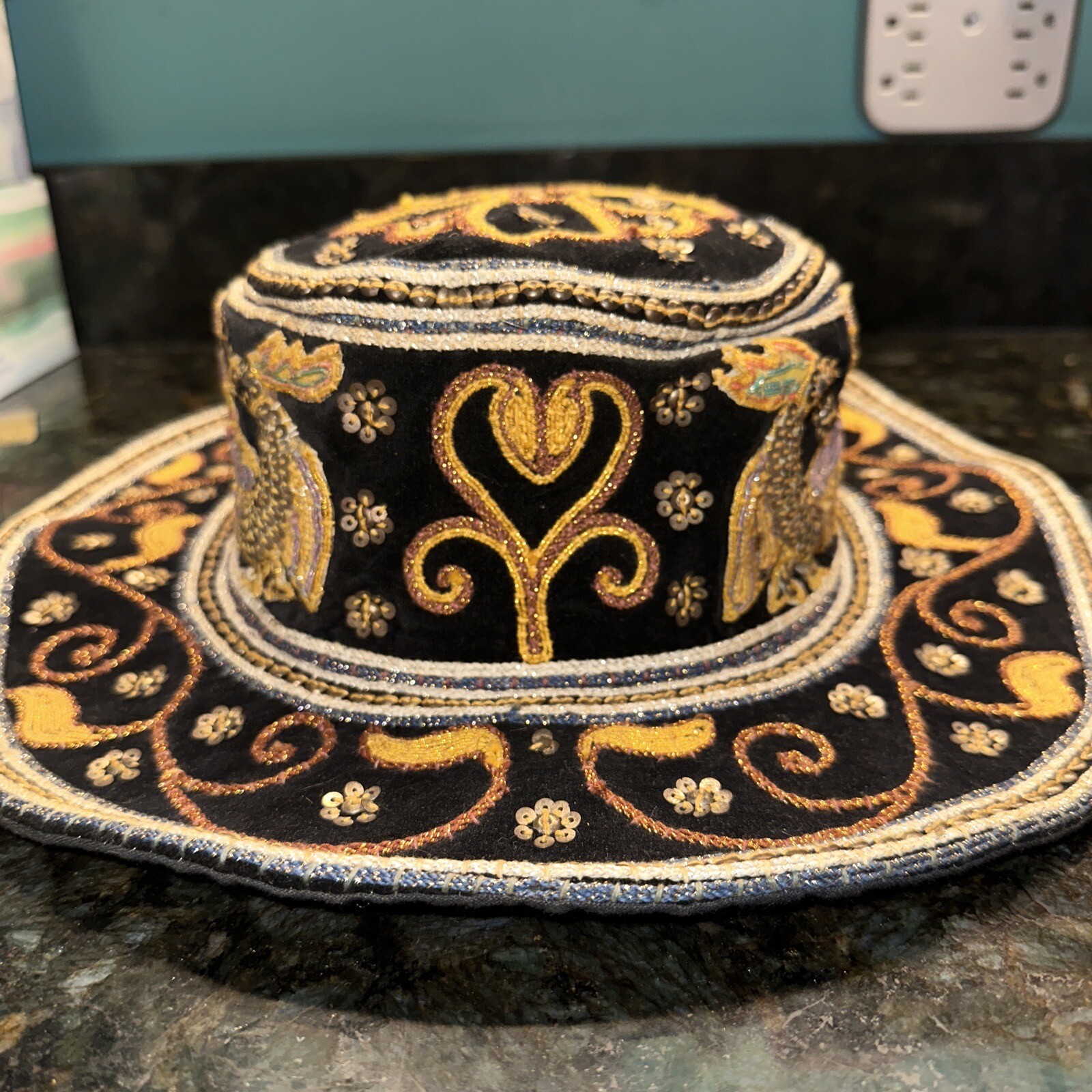 Vintage Myanmar Burmese Burma Kalaga Floppy Boho Hat Phoenix Sequins Embroidery