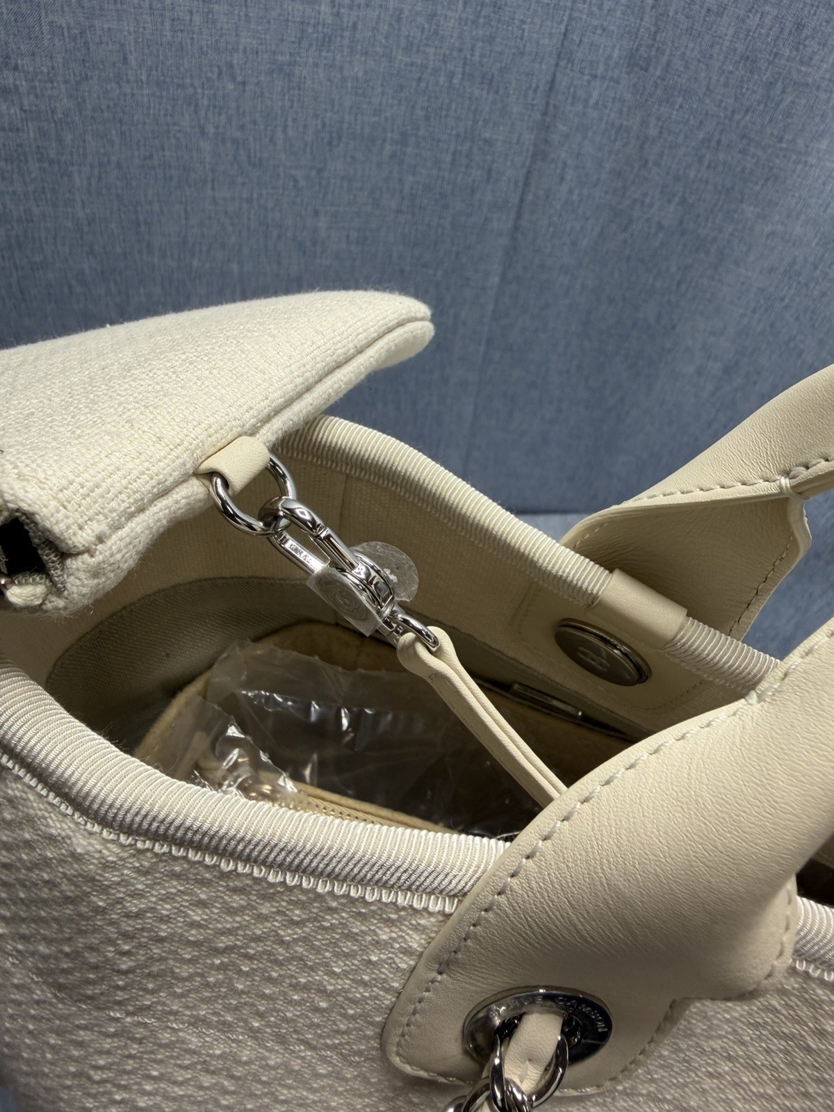 Chanel Deauville MM Tote Bag With Pouch Chain Tweed Material White