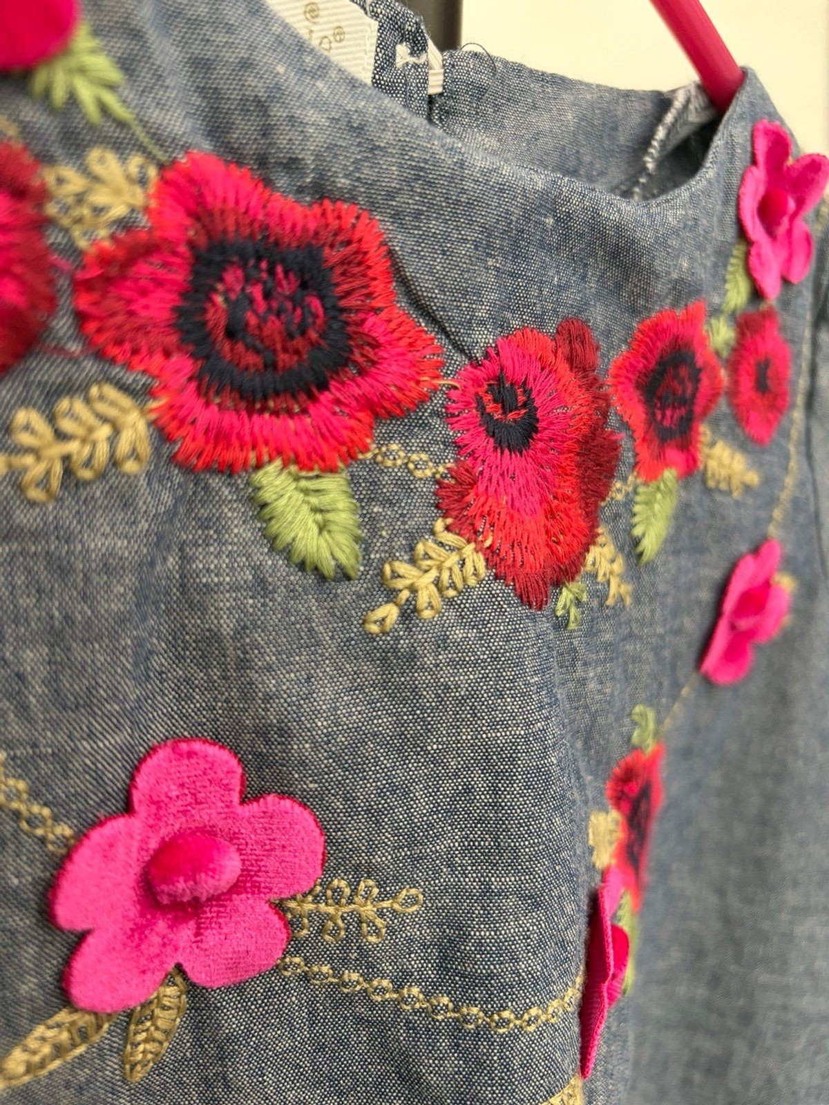 Mud Pie Girls Floral Embroidered Chambray Dress 5T Blue Cotton Long Sleeve Tunic
