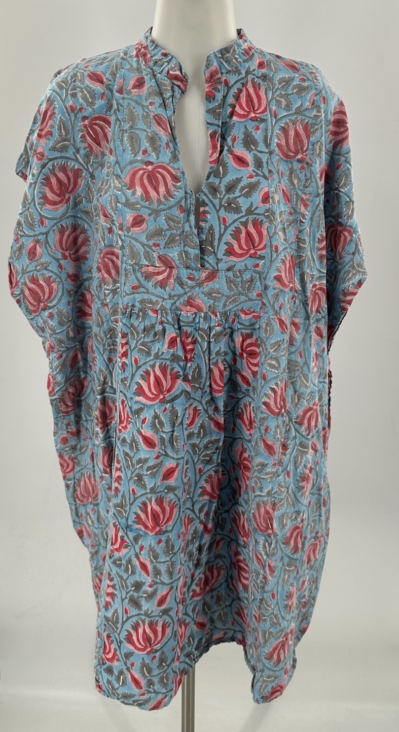 Mille Resort & Travel Dress Coverup.Loose Resortwear Cotton Floral Blue Boho