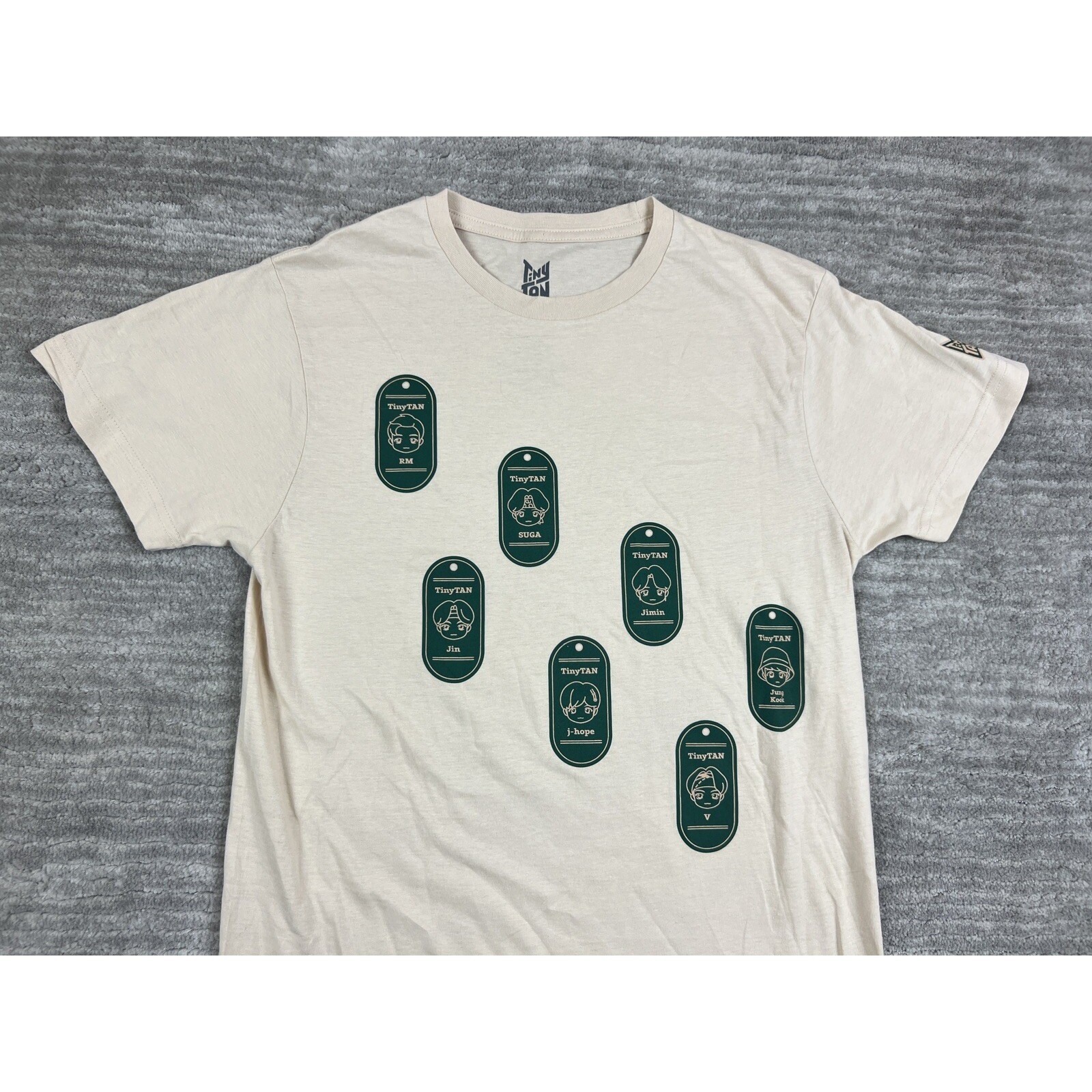 TinyTAN T-Shirt Unisex Small Cream BTS Dog Tags Graphic Short Sleeve Hot Topic