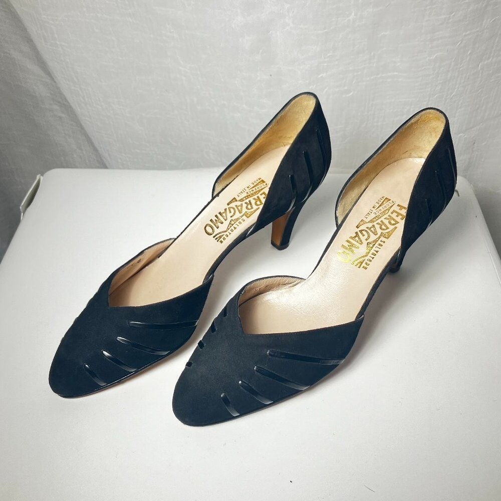 Ferragamo Black Suede Heels with Leather Details Size 8.5B
