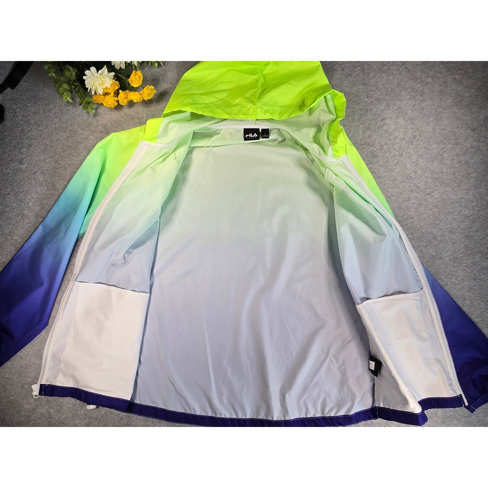 Fila Sport Womens Windbreaker Hooded Jacket Neon Green Blue Ombre Large L