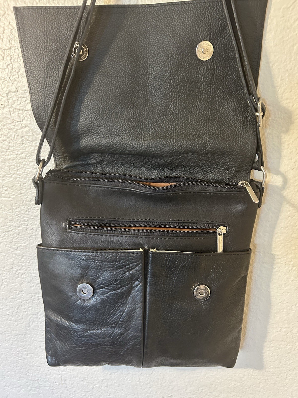 Italian Leather Black Crossbody Bag Zip & Snap Closure, Inner Pockets Silver