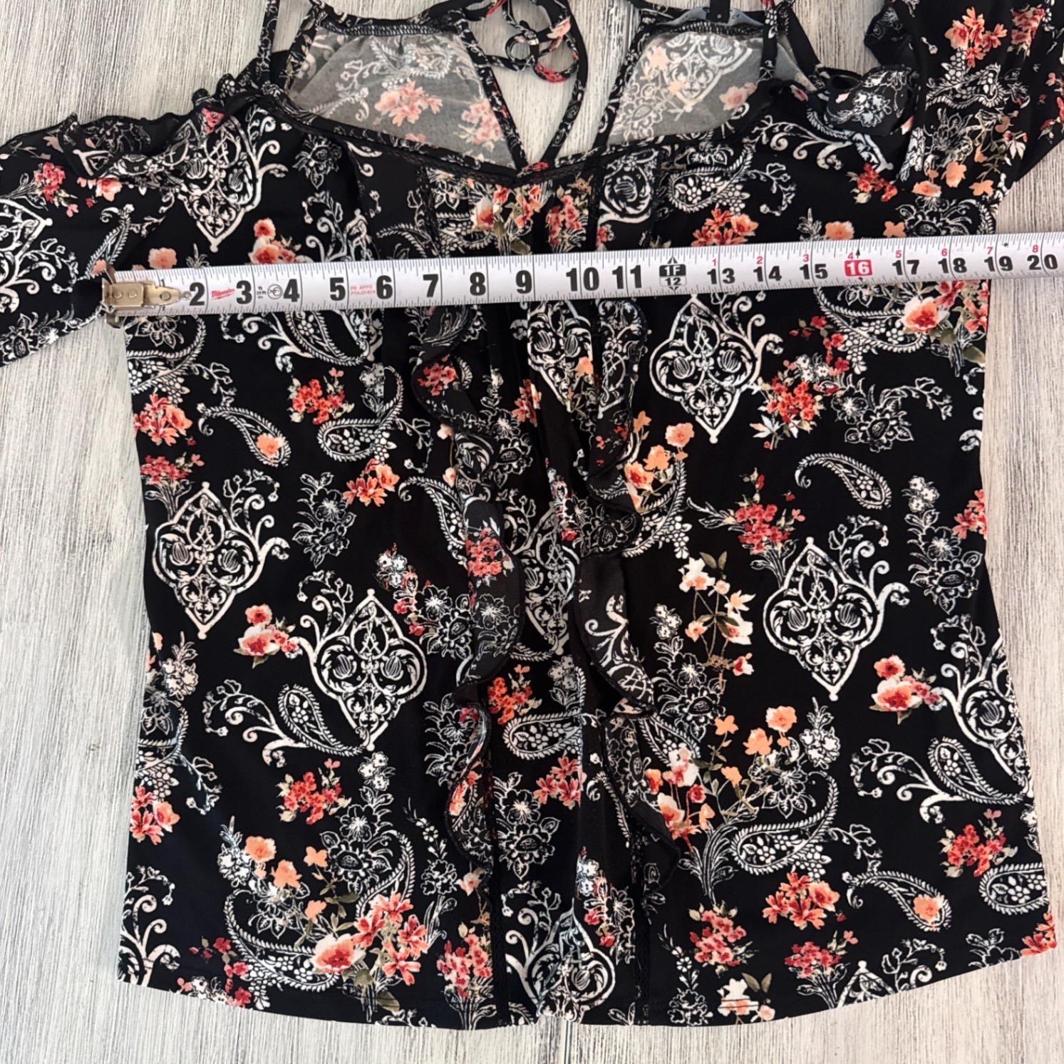 White House Black Market Floral Paisley Cold Shoulder Ruffle Blouse Black Small