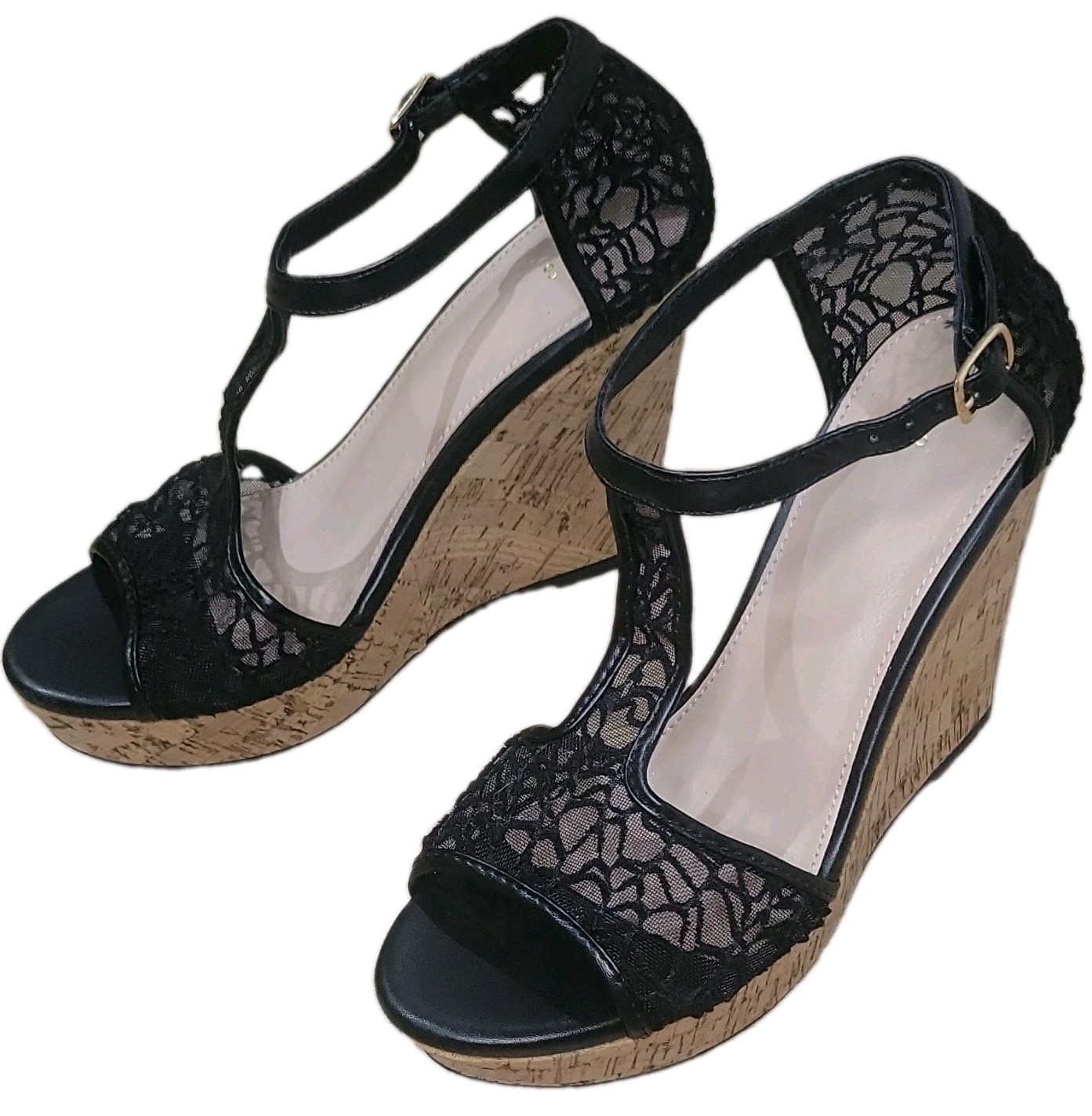 Black Lace T-Strap Cork Wedge Sandals Women’s Size 8 Open Toe Ankle Buckle