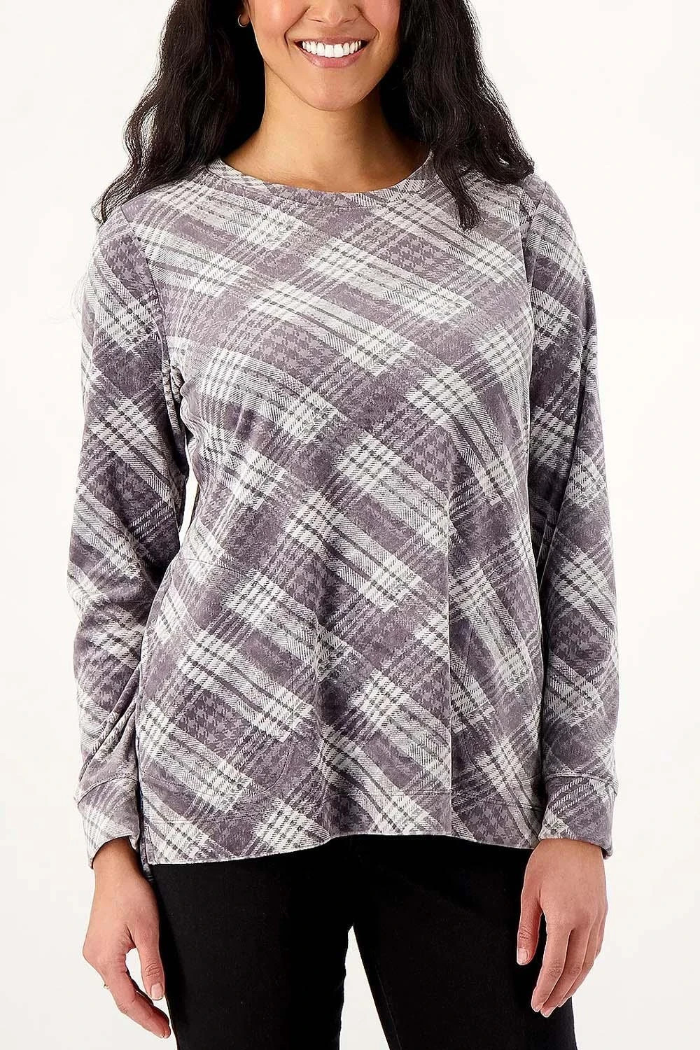 Denim & Co. Printed Velour Pullover Hi-Low Hem Grey Plaid Size XXS