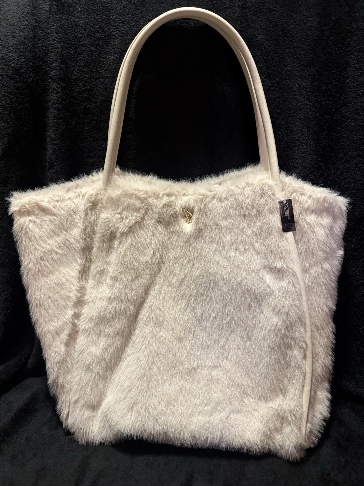 Victoria’s Secret White Fur Tote Gold Logo Snap Closure Lined Inner Pockets