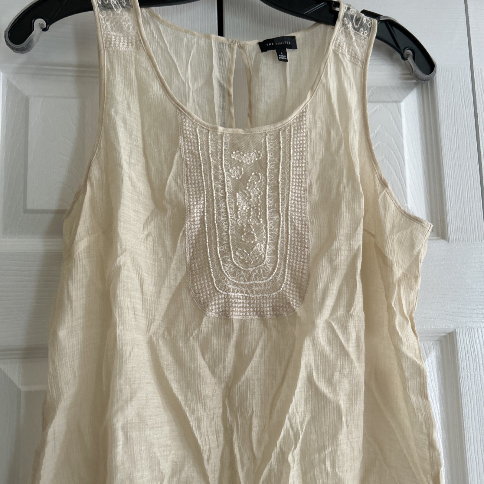 THE LIMITED Top L Ivory Sheer Sleeveless Embroidered, Lace & Beading EUC