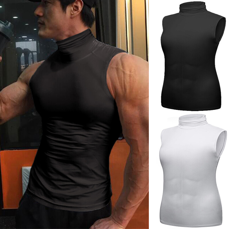 Men Mock Neck Shirt Casual Turtleneck Pullover Sleeveless Slim Fit Tops Stretch