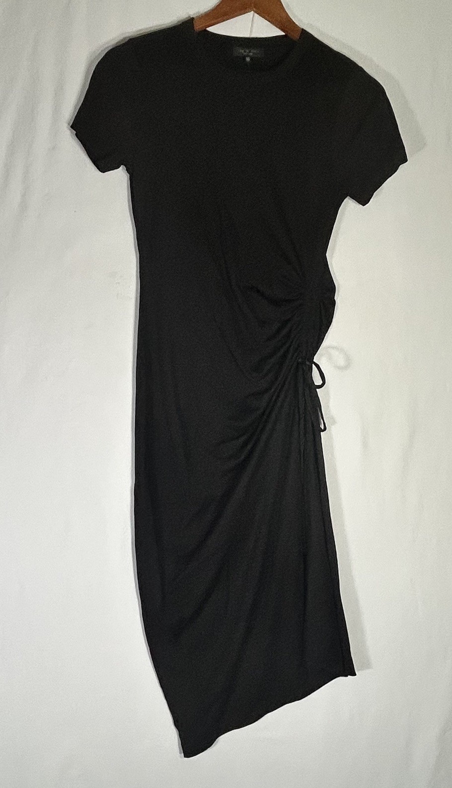 Rag & Bone Ina Black Ruched Midi Dress Short Sleeve Asymmetric Size XS t- Shirt