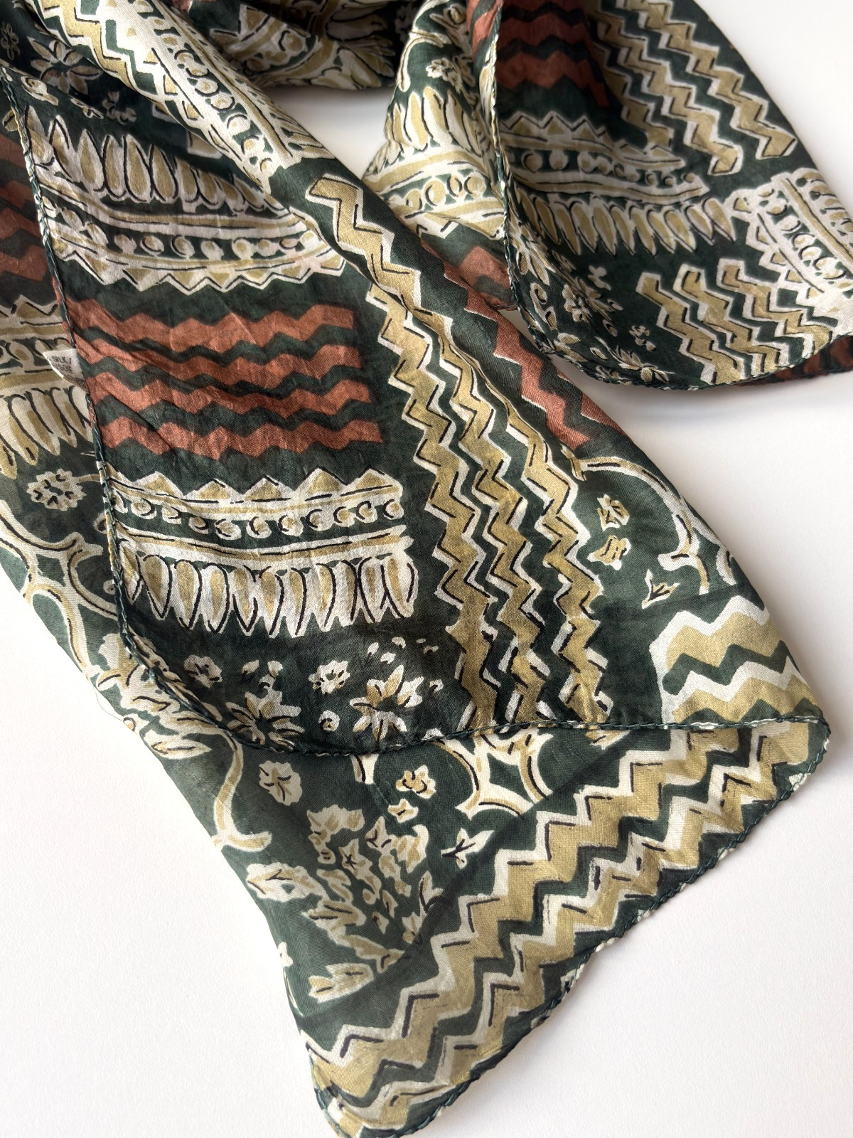 Vintage Silk Scarf Green Abstract Boho Ethnic Floral Designer Luxury Wrap, 34
