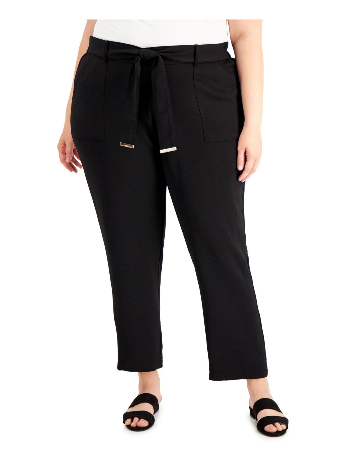 CALVIN KLEIN Womens Black Belted Wear To Work Straight leg Pants Plus 3X