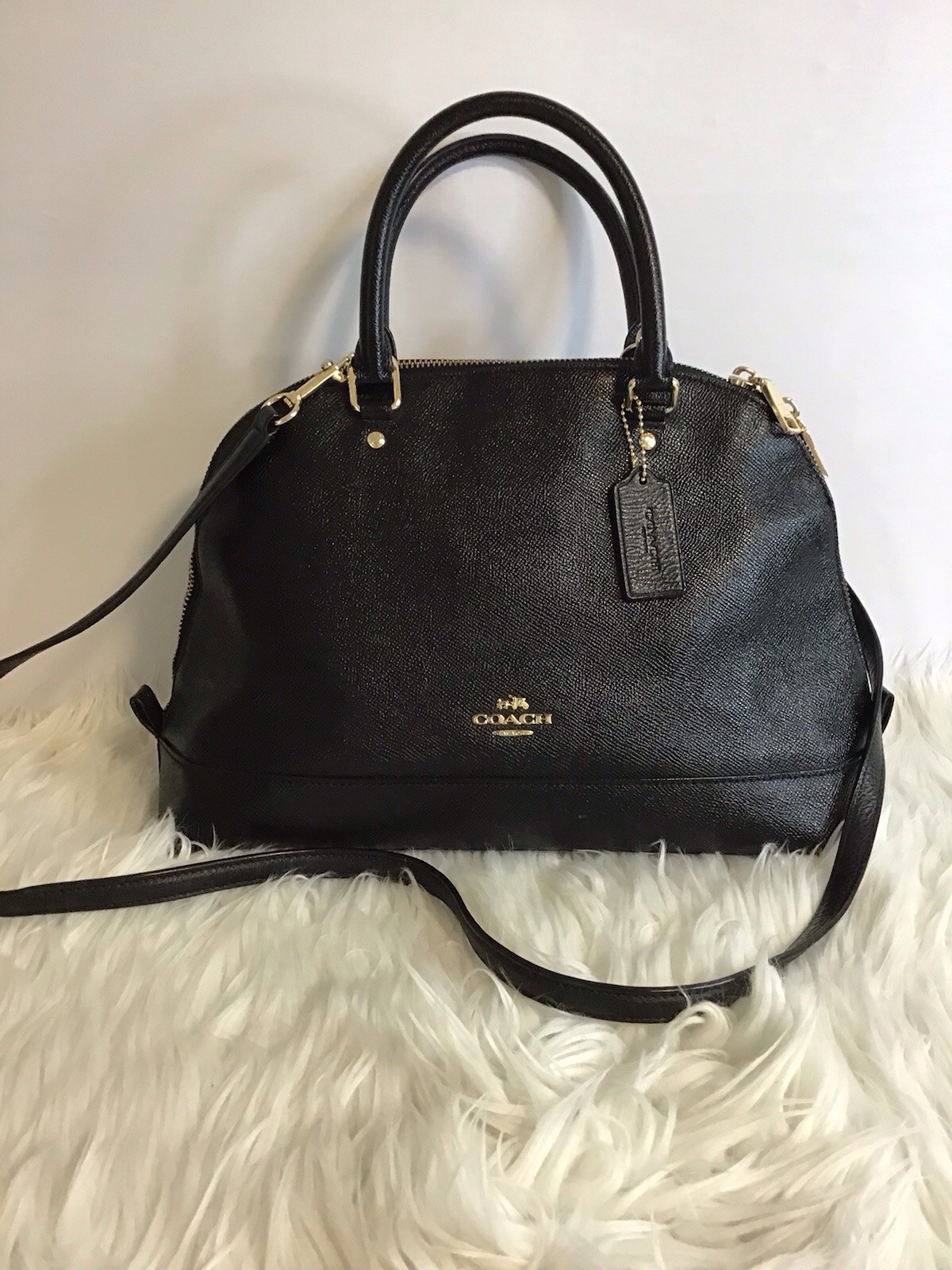 Coach Sierra Satchel Black Crossgrain Leather Dome Zip Top Handbag Purse