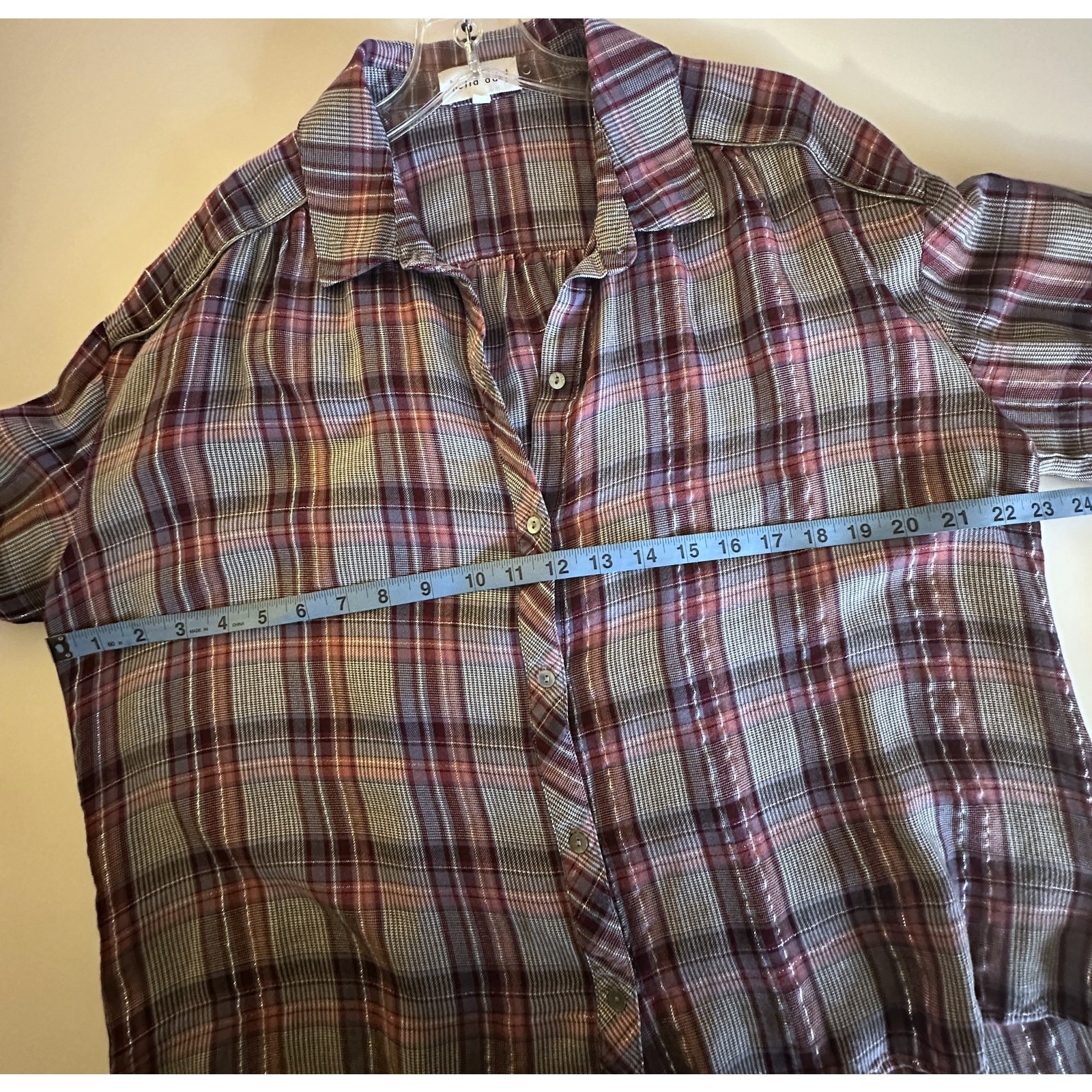 Bella Dahl Trimmed Flowy Top Womens Large Multicolor Plaid Shimmer Preppy Shirt