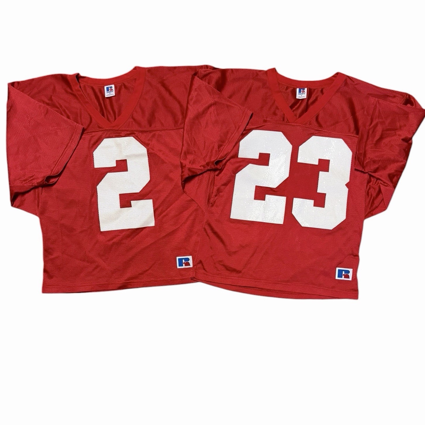 (2) Vintage Russell Athletic Mesh Football Jersey Men’s Medium Red Cropped USA