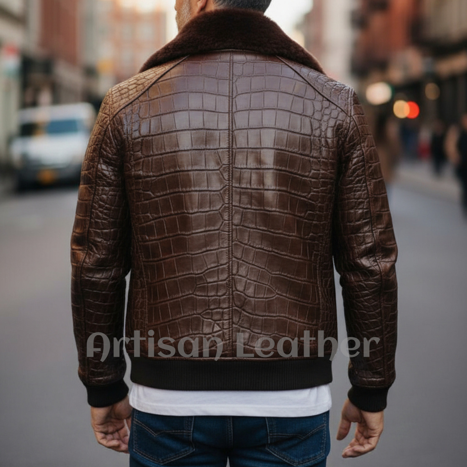 Luxury Crocodile Embossed Leather Jacket Men’s Fur Lined Winter Coat Bomber