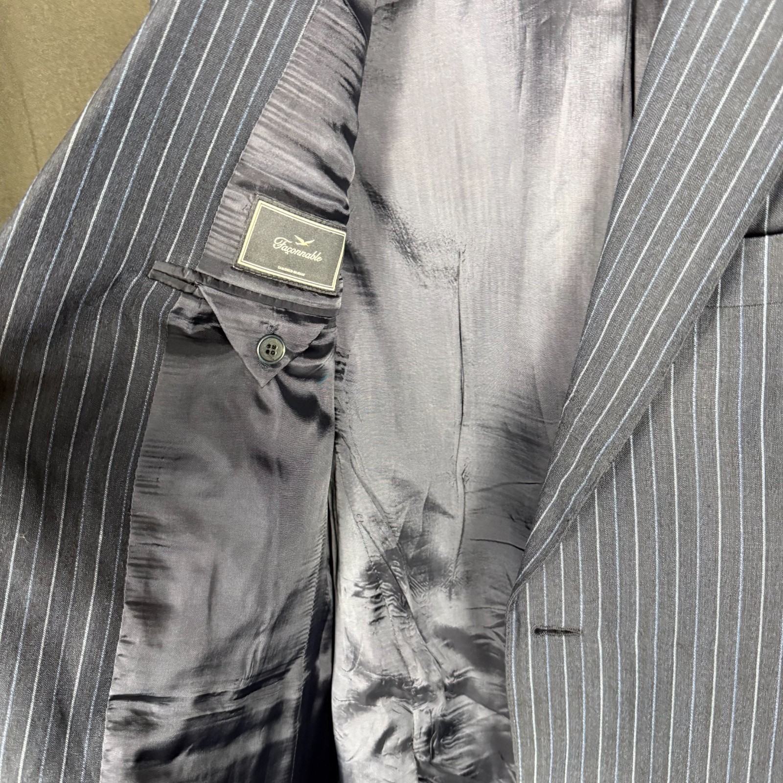 Faconnable Navy Pinstripe Wool Linen Blazer Sz 51 IT/41R Italy Summer