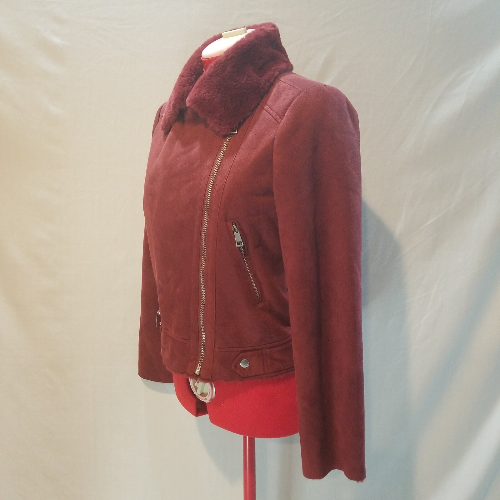 Womens Biker Faux Suede Maroon Red Moto Jacket Furry Lining PLEASE SEE DESCRIPTI