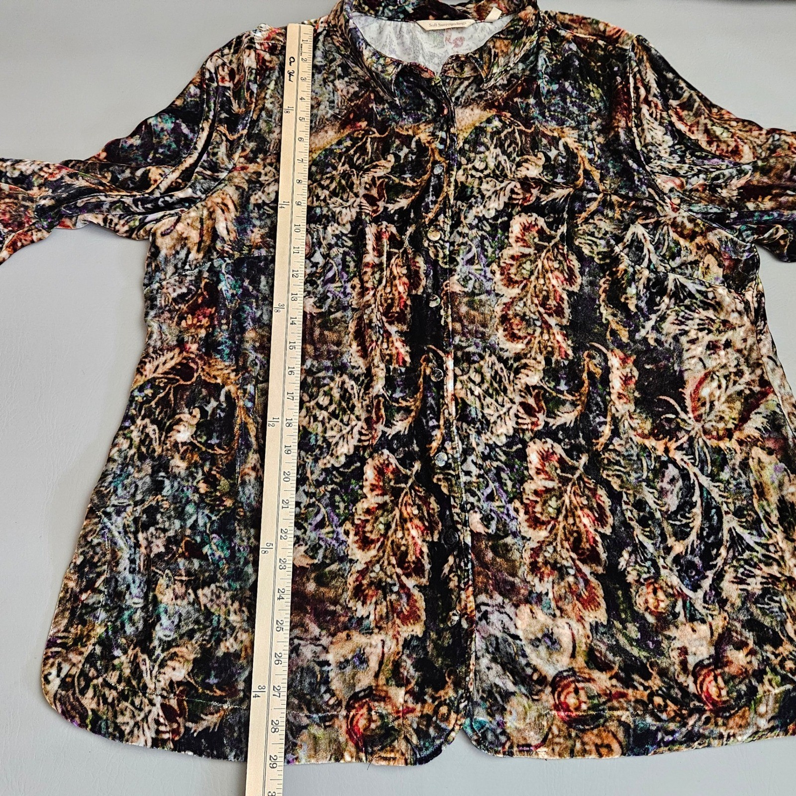 Soft Surroundings Silk Blend Velvet Floral Tapestry Button Down Shirt 1X 5EM11
