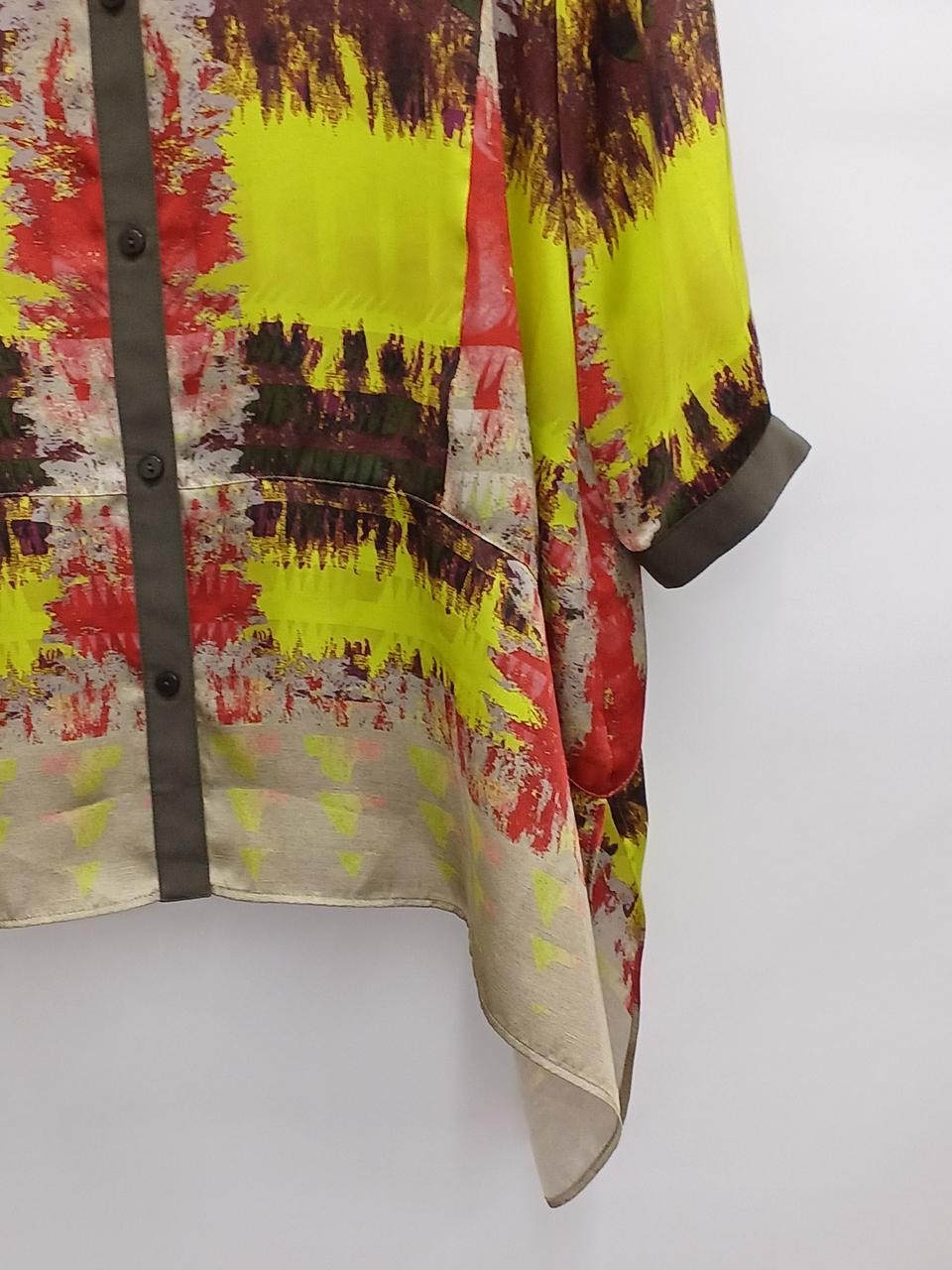 Gradient Check Satin Long Shirt Yellow M 75cm Style Casual Office