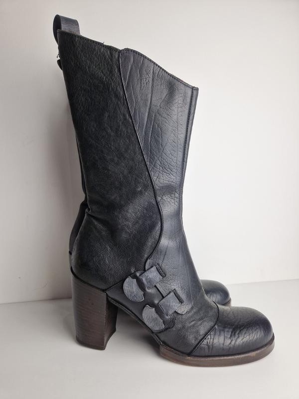 Vintage IXOS Black Leather Mid Calf Boots EU 38 US 7.5 Made in Italy Chunky Heel