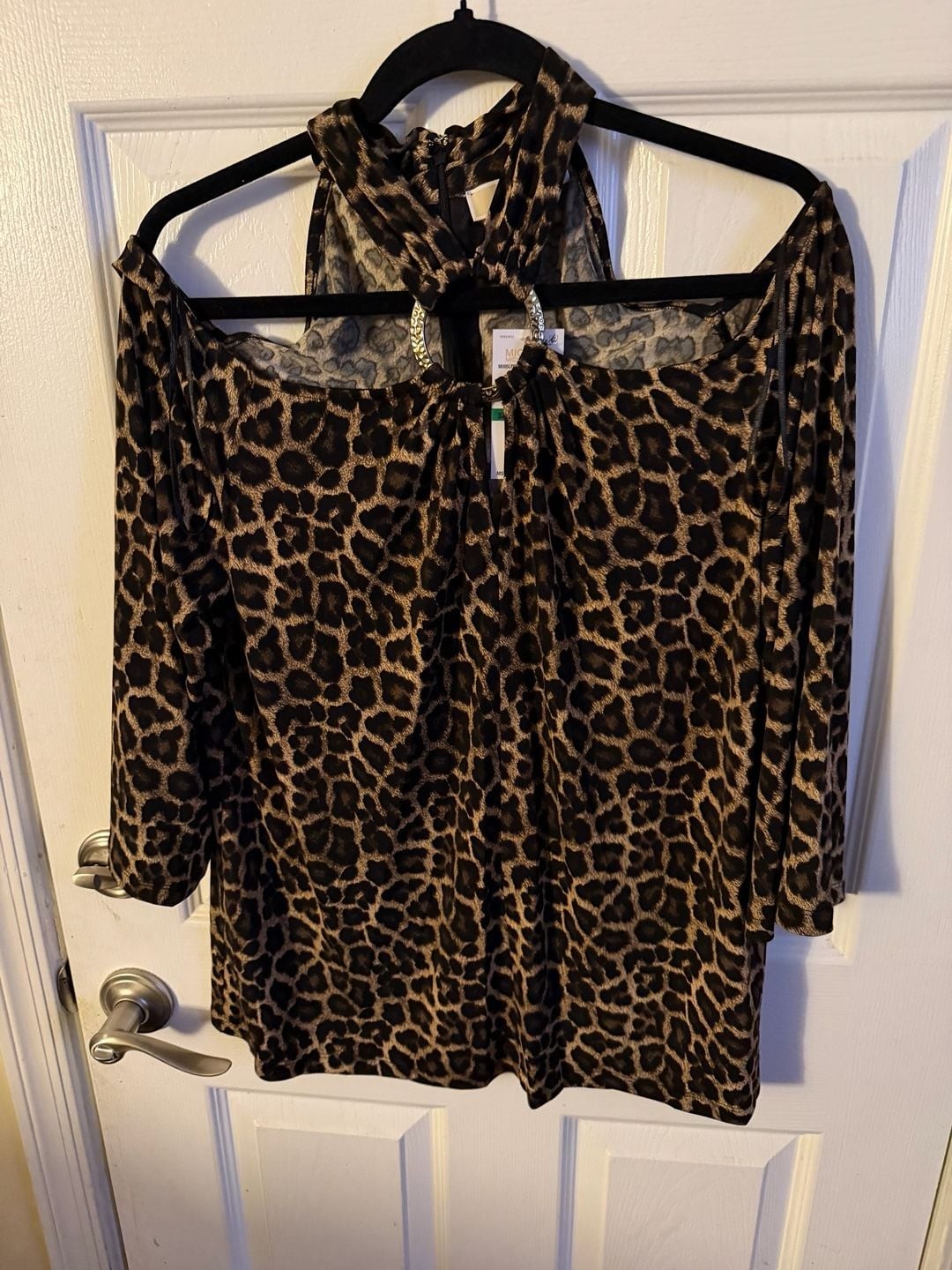 Michael Kors Leopard Print Cold Shoulder Blouse Top with Hardware Detail