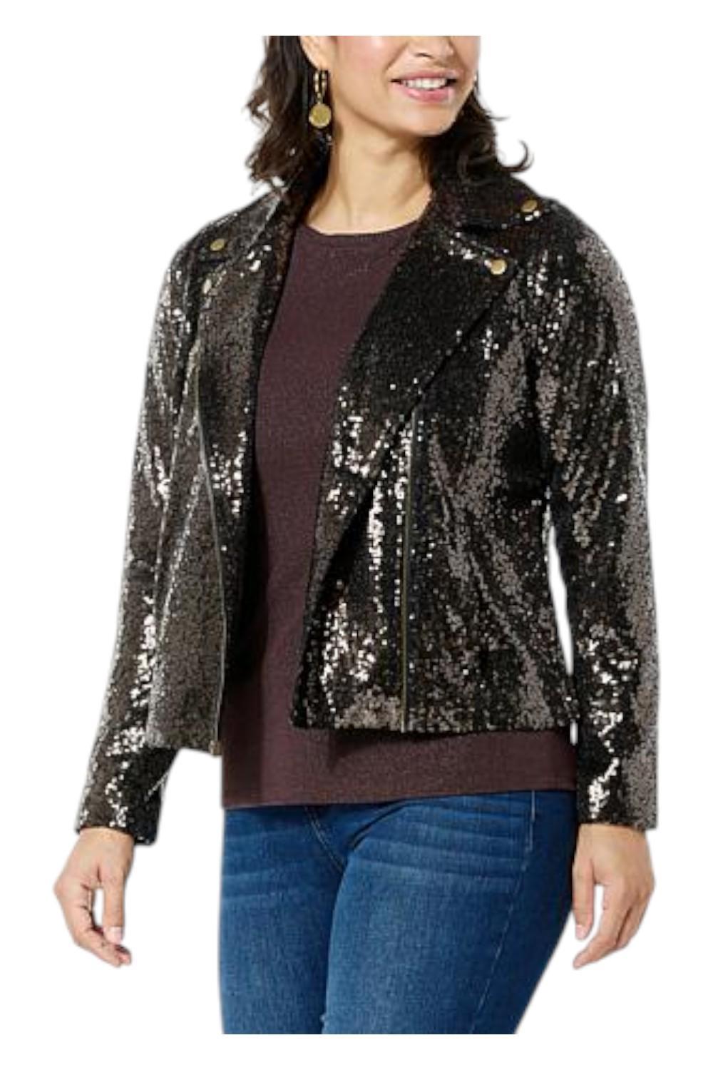 Colleen Lopez Women’s Luxe Sequin Moto Jacket Gold
