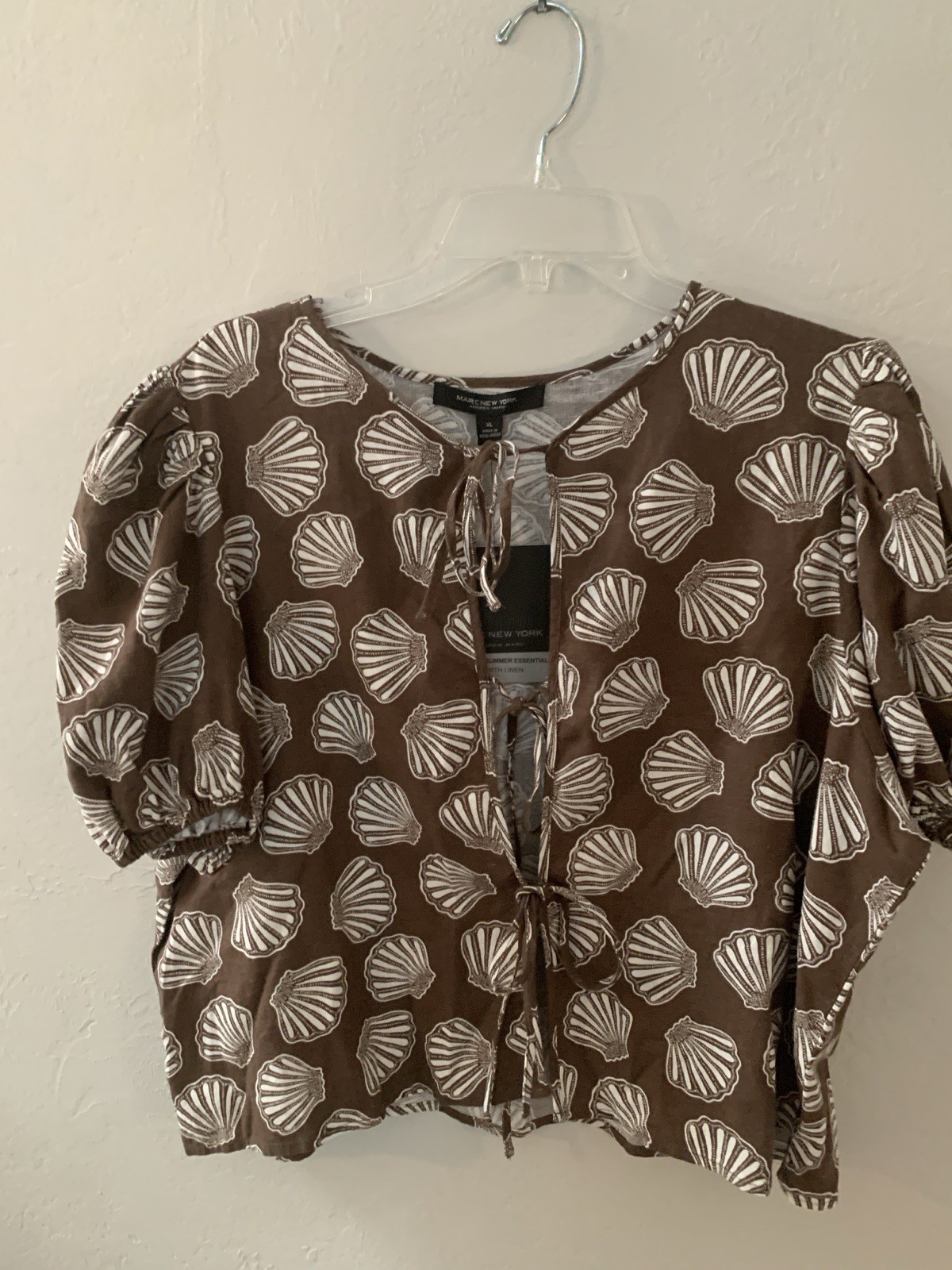 MARC NEW YORK XL Brown Cream Seashell Tie Front Blouse M6MTB661 NWT retail $69