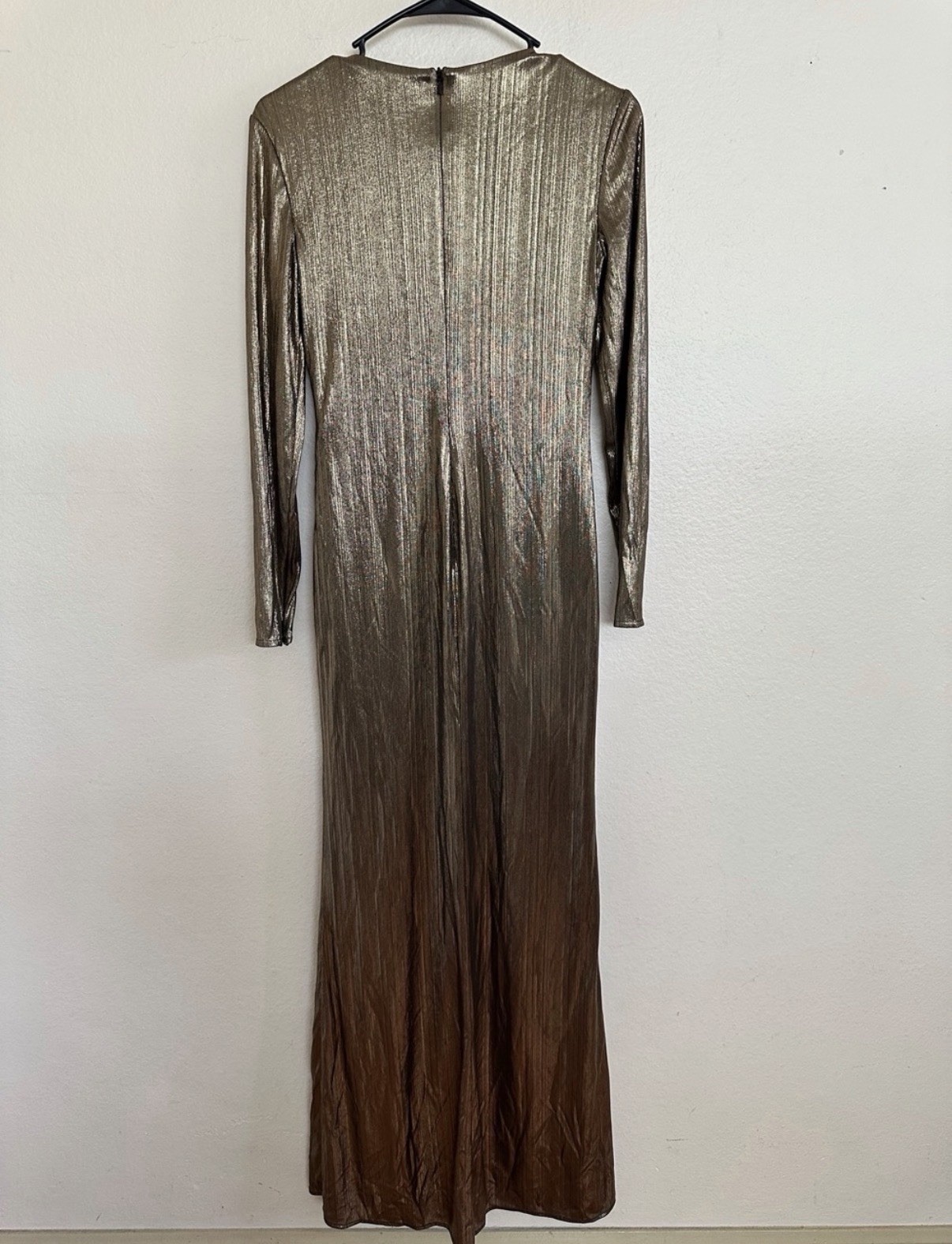 Ieena For Mac Duggal Long Sleeve Maxi Wedding Asymmetrical Ruched Gold Dress 12