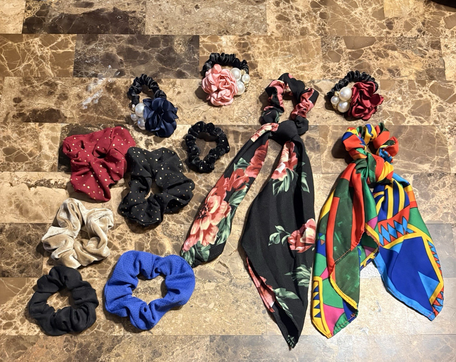 Fabric Scrunchie Lot Multicolor Mixed Patterns Elastic Beaded Flower Accents