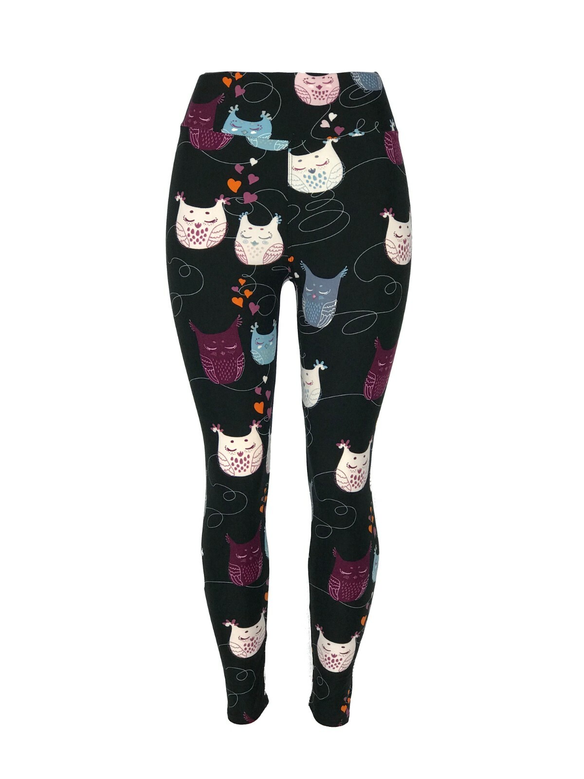 Cute Colorful Owls & Hearts Pinks Blues Purple Yoga Waistband Leggings So Soft