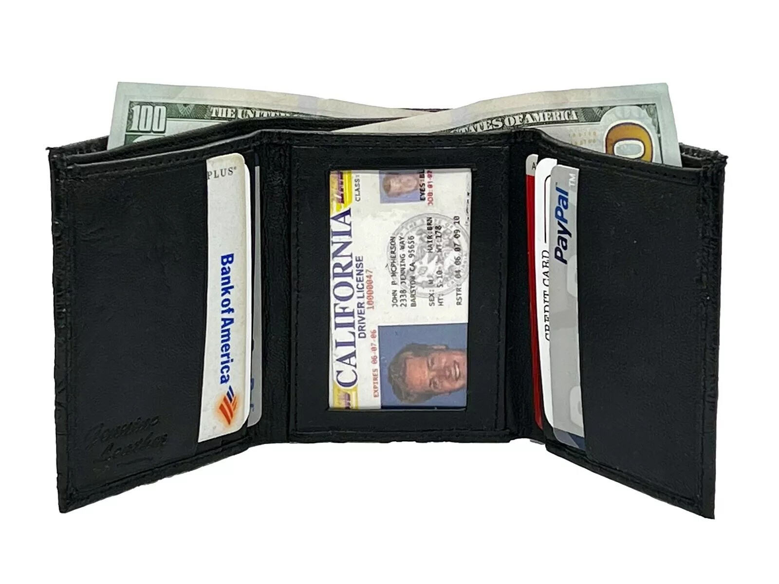 Black Croc Leather Mens Trifold Wallet Center Flap Credit Card Holder