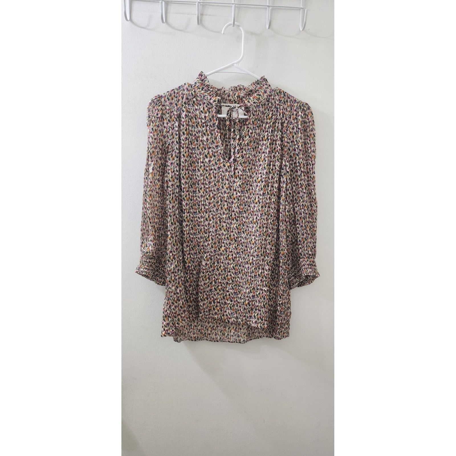 ba&sh Lady Top Multi Color Abstract Pleated Ruffle Neck Blouse Size 1 Small