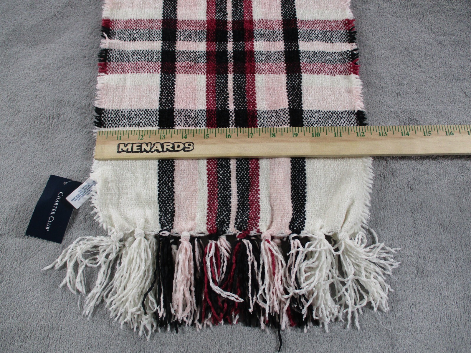 Charter Club Womens One Size Chenille Plaid Scarf Ivory Multicolor Fringe NWT