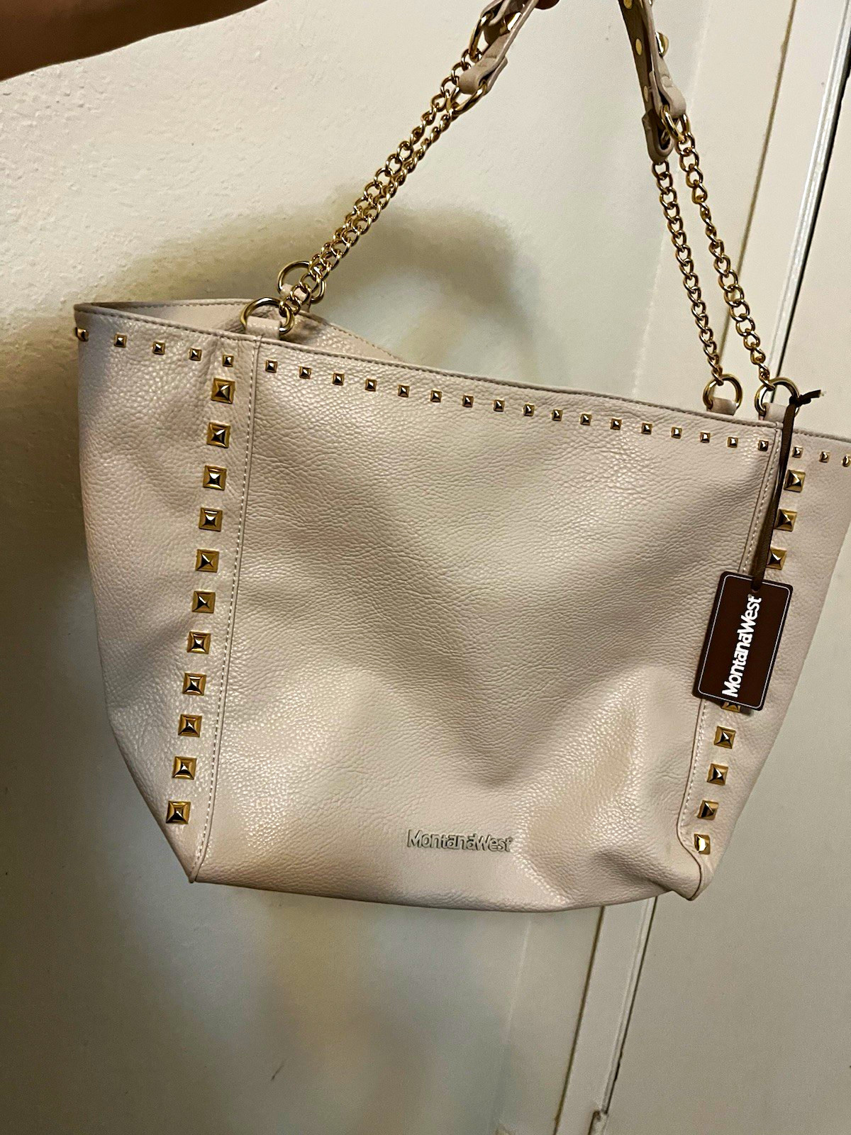 Montana West Beige Studded Tote Bag Zip Top Chain Strap Gold Hardware NWT