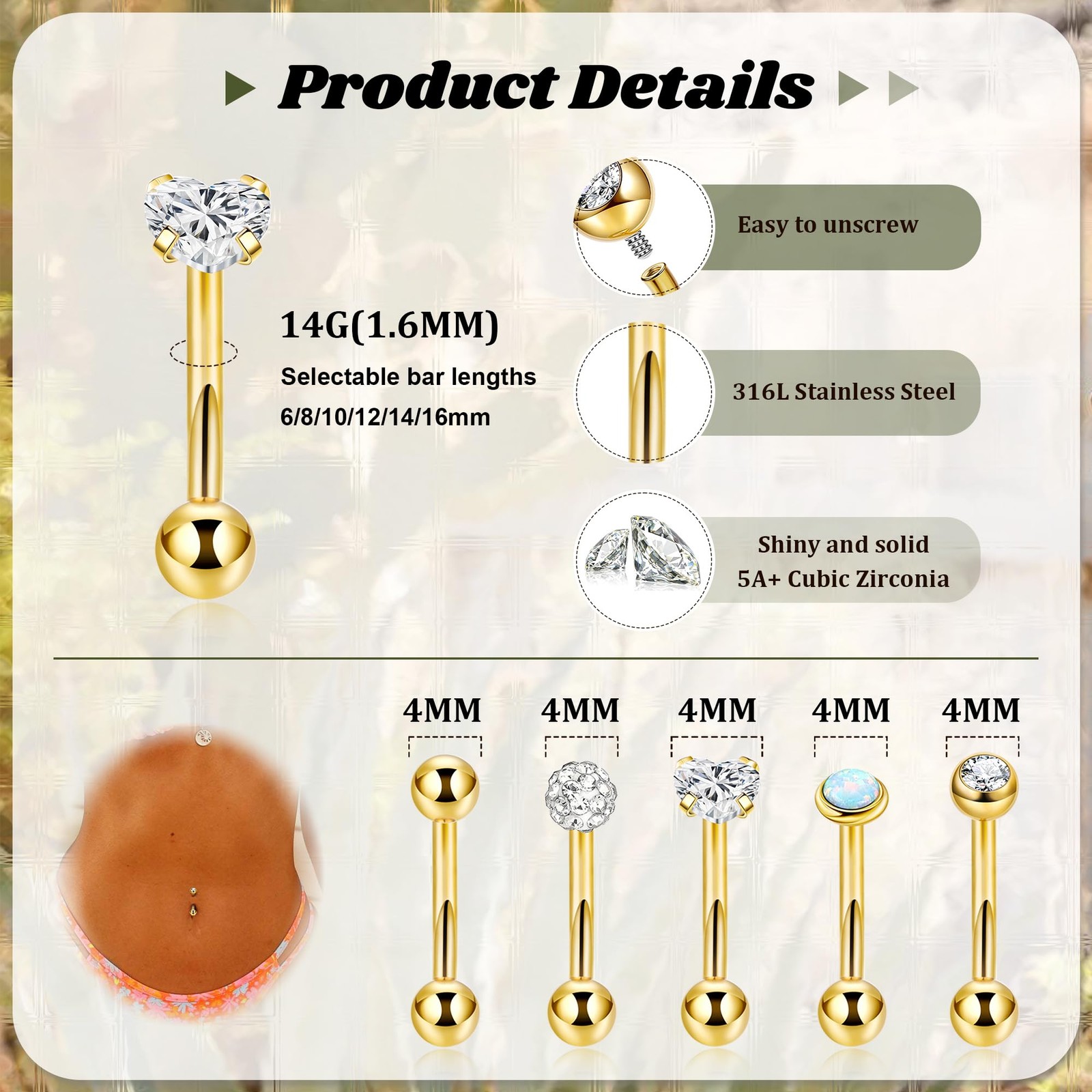 LOREMOW 5Pcs 14G Surgical Steel Small Belly Button Ring Bar Length: 8MM, Gold