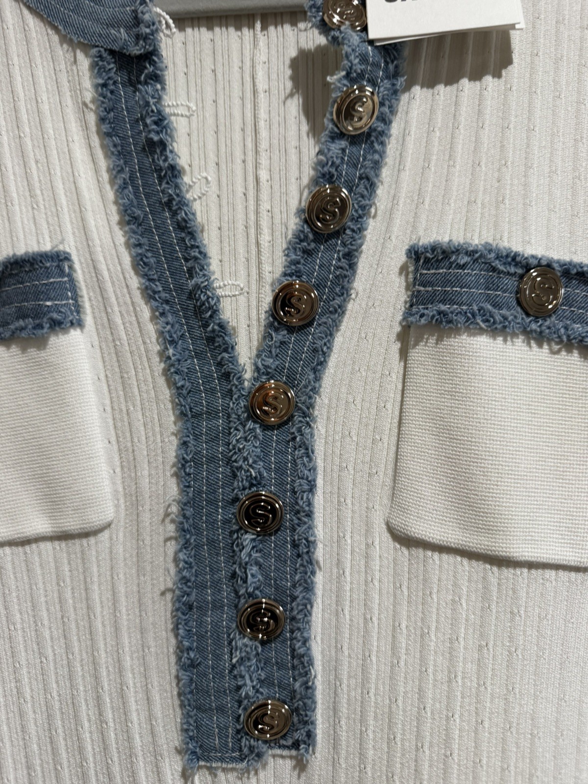 Sandro Ribbed Knit Dress with denim detailing.