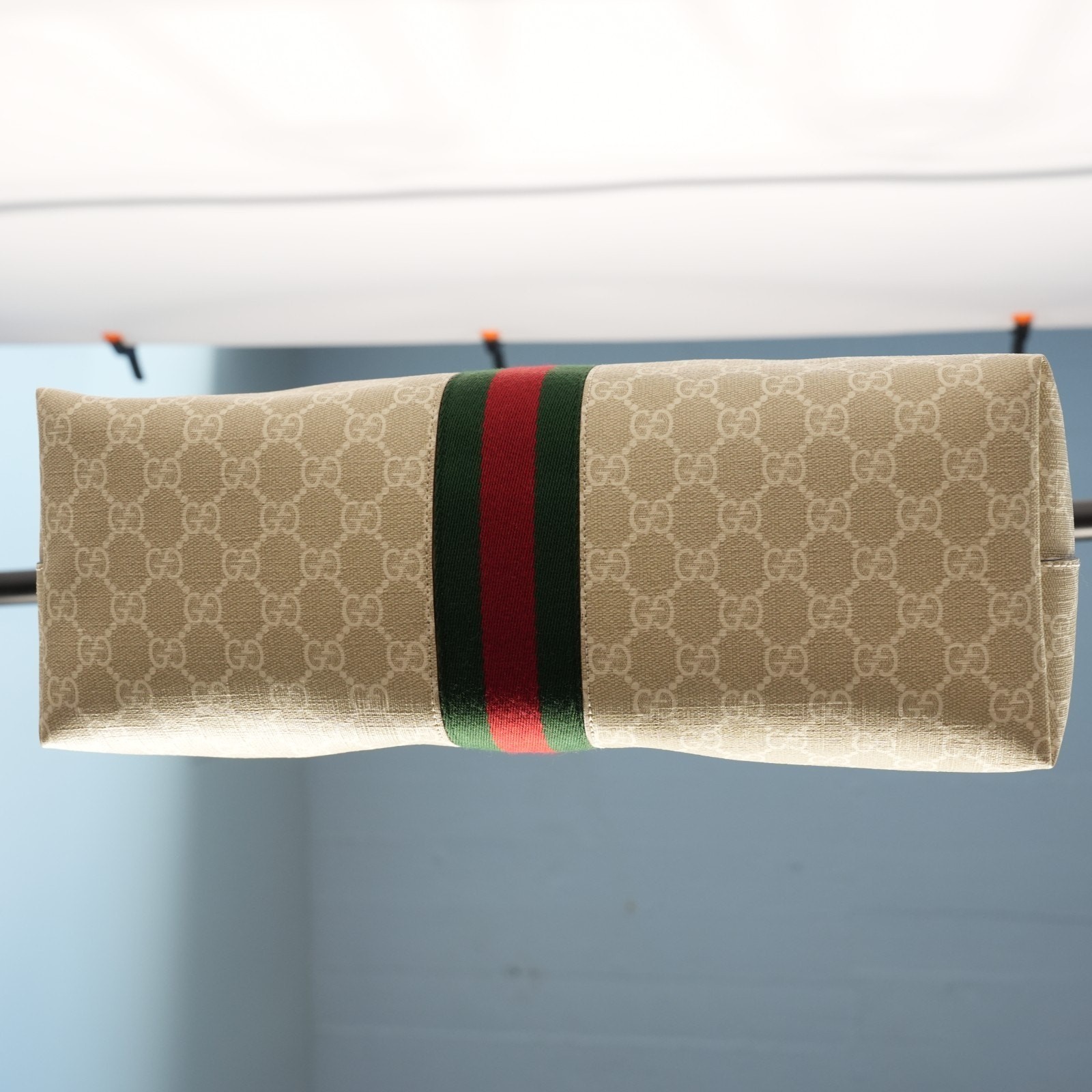 Gucci GG Supreme Monogram Dollar Calfskin Web Medium Ophidia Tote Beige Leather