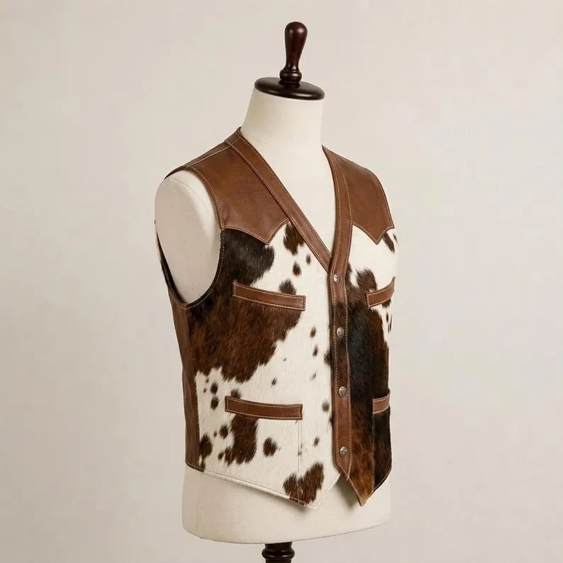 Handmade Cow Hide Leather Vest Brown White Yoke Snap Cowboy Waistcoat