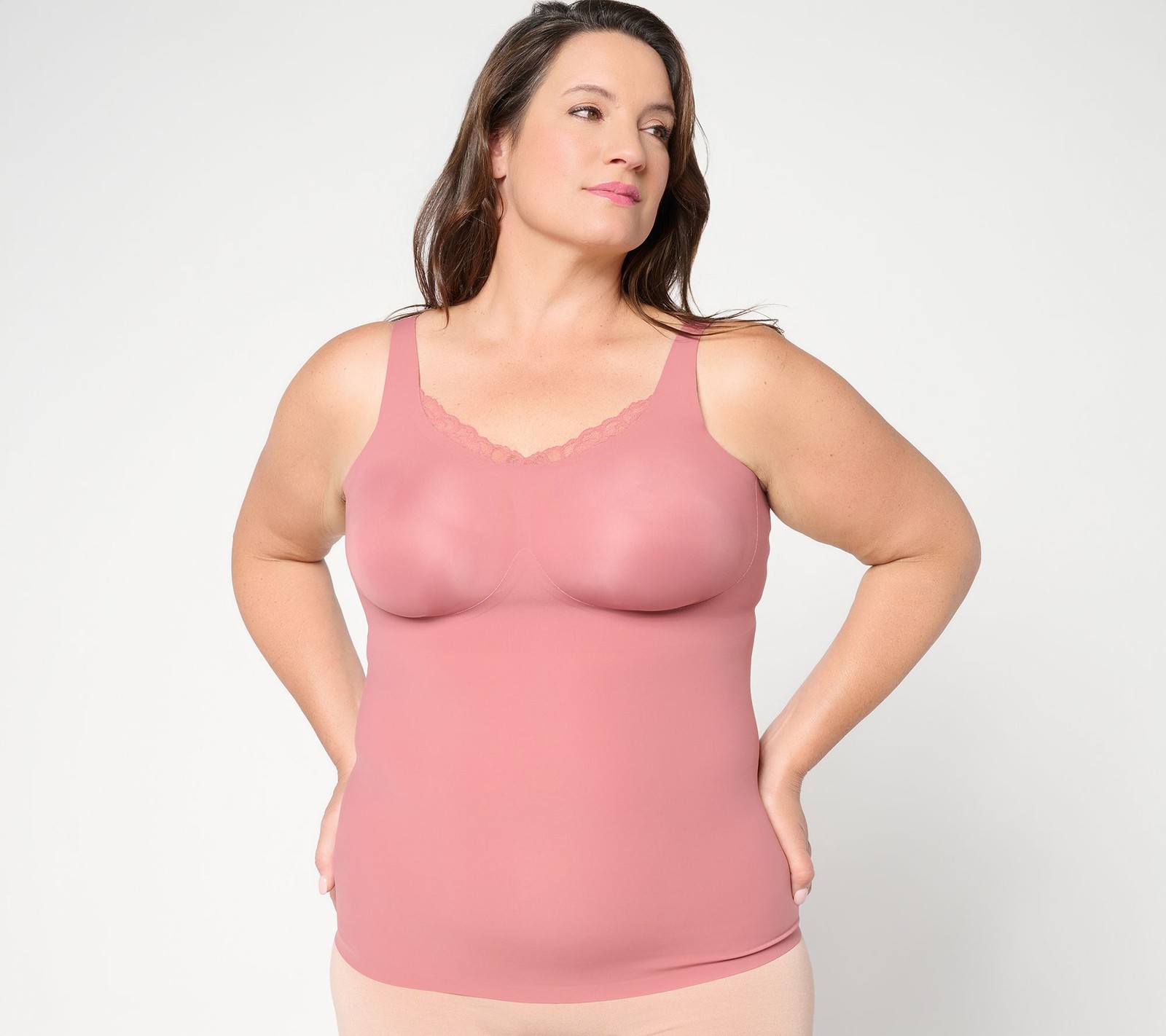 Evelyn & Bobbie Lace Trimmed V-Neck Seamless Bra Cami Pink Canyon M New