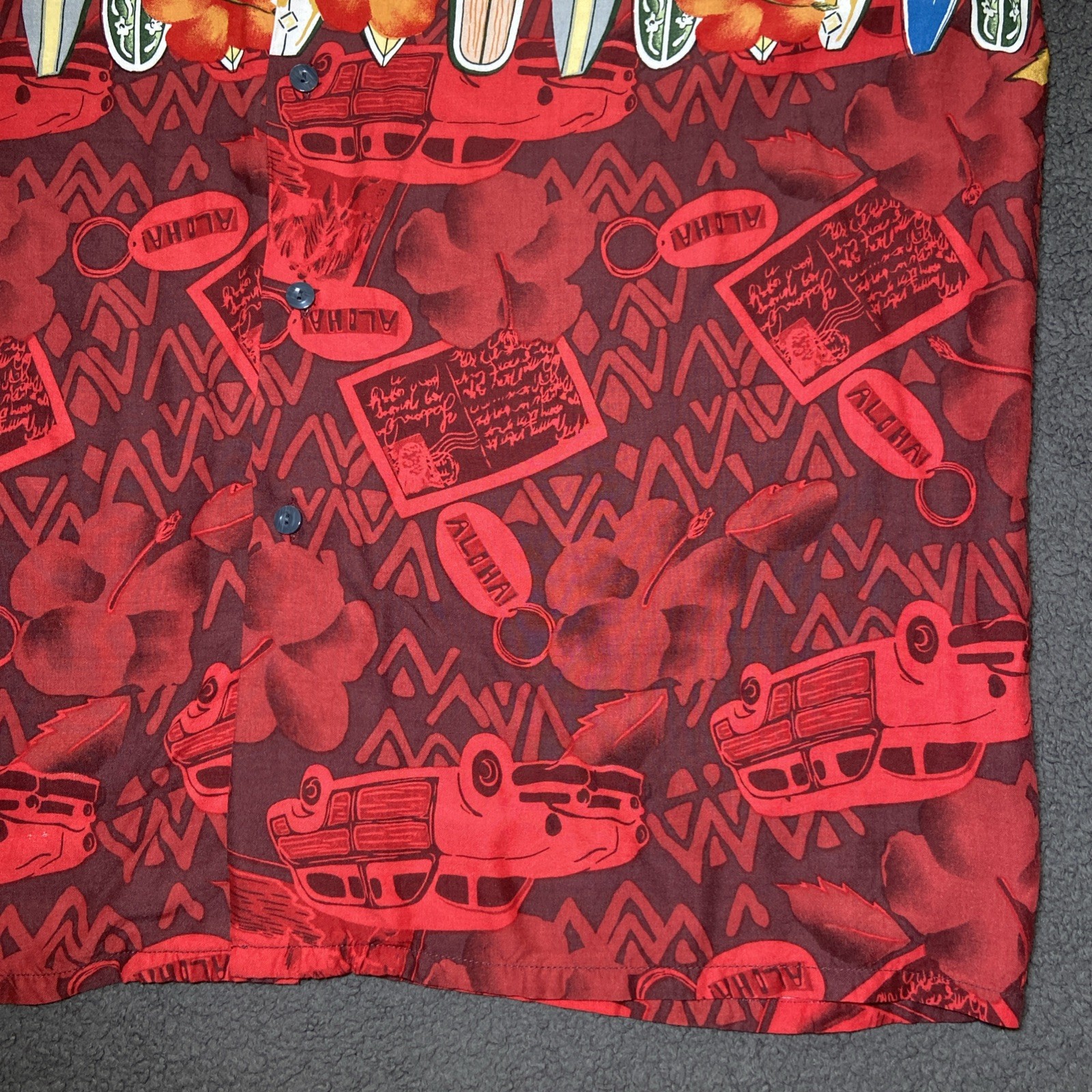 Vintage Pineapple Connection Hawaiian Shirt Men Size XL Rayon Surfing Boards Red