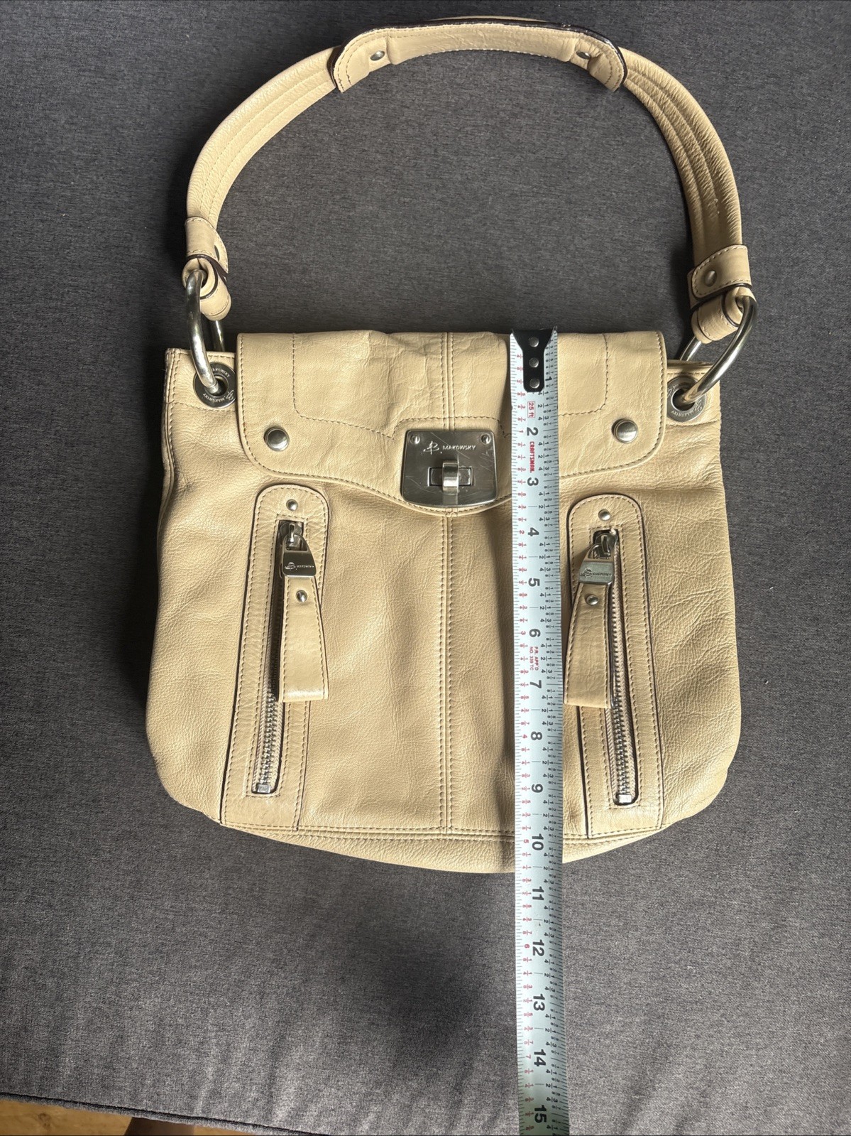 B. Makowsky Small Tan Leather Shoulder Bag Purse with Padded Single Strap