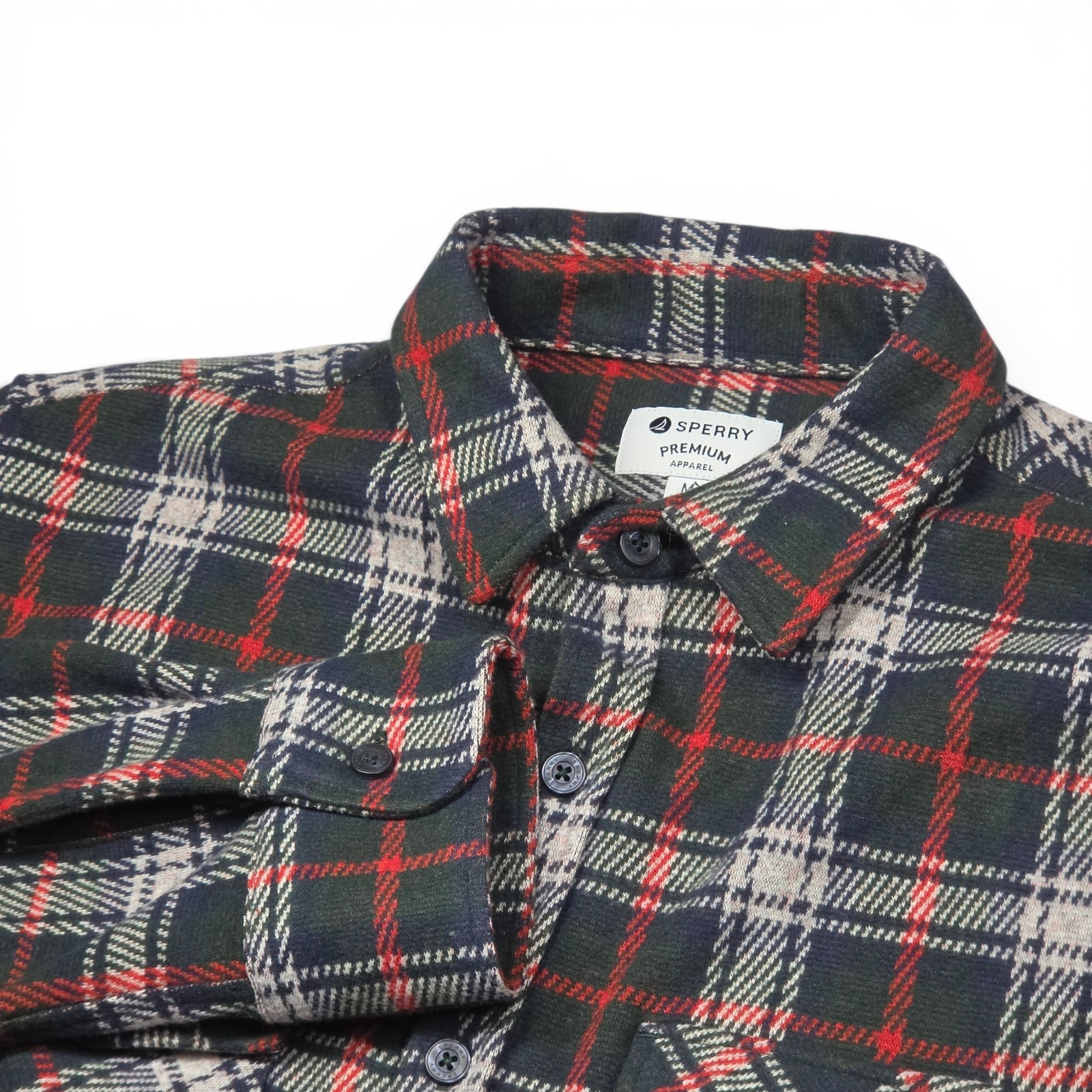 Sperry Plaid Flannel Shirt Men’s M Green Red Button Front 2 Pocket Stretch