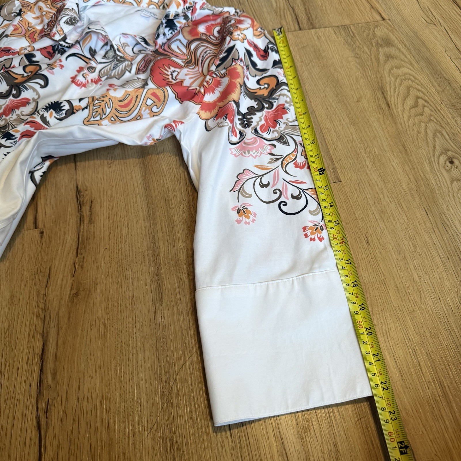 Chicos Women White Floral Print Button Down Tab Sleeve Size 3.5 18 Wester Trop