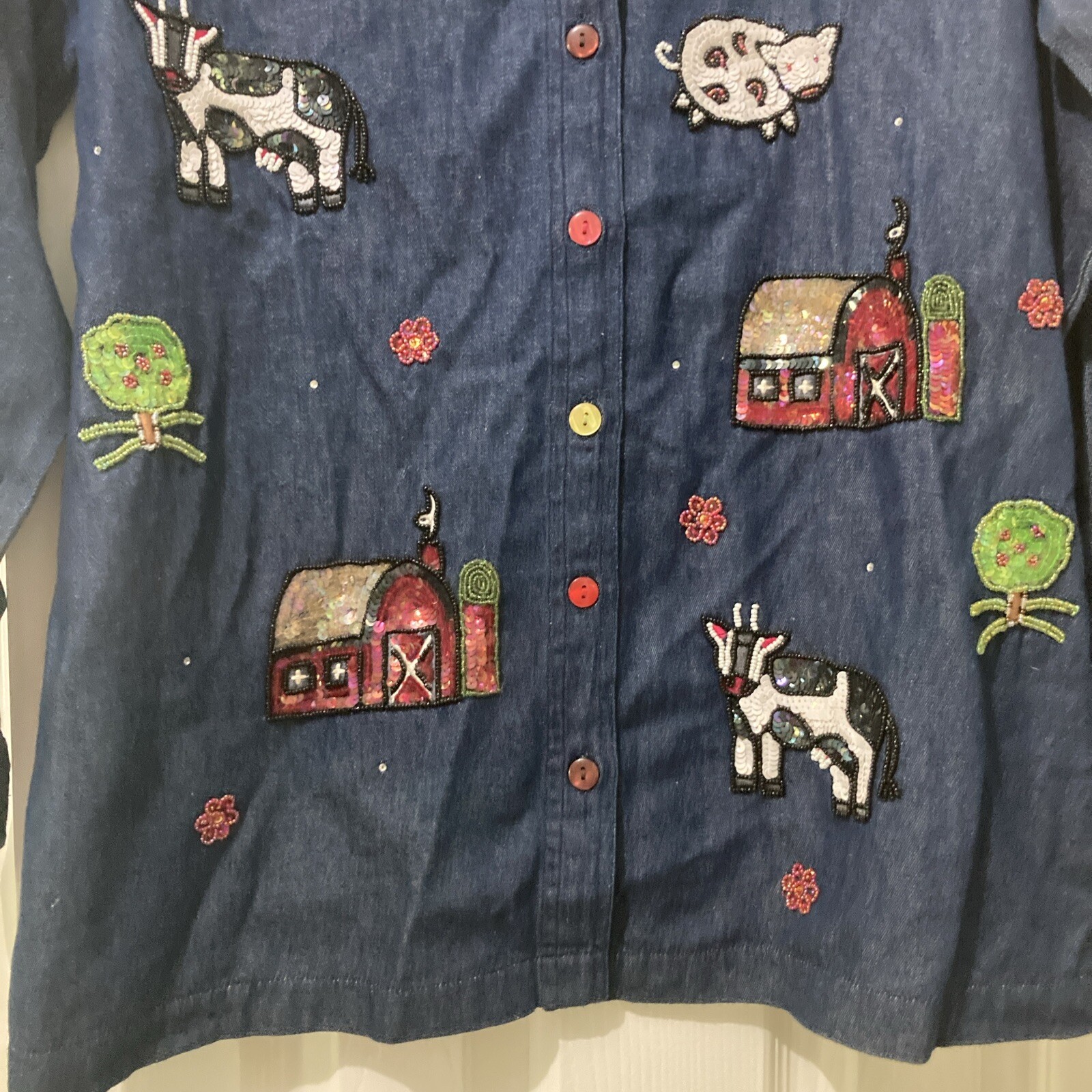 Quacker Factory Size Medium Farm Animals Button Up Shirt Beaded Sequin Chambray
